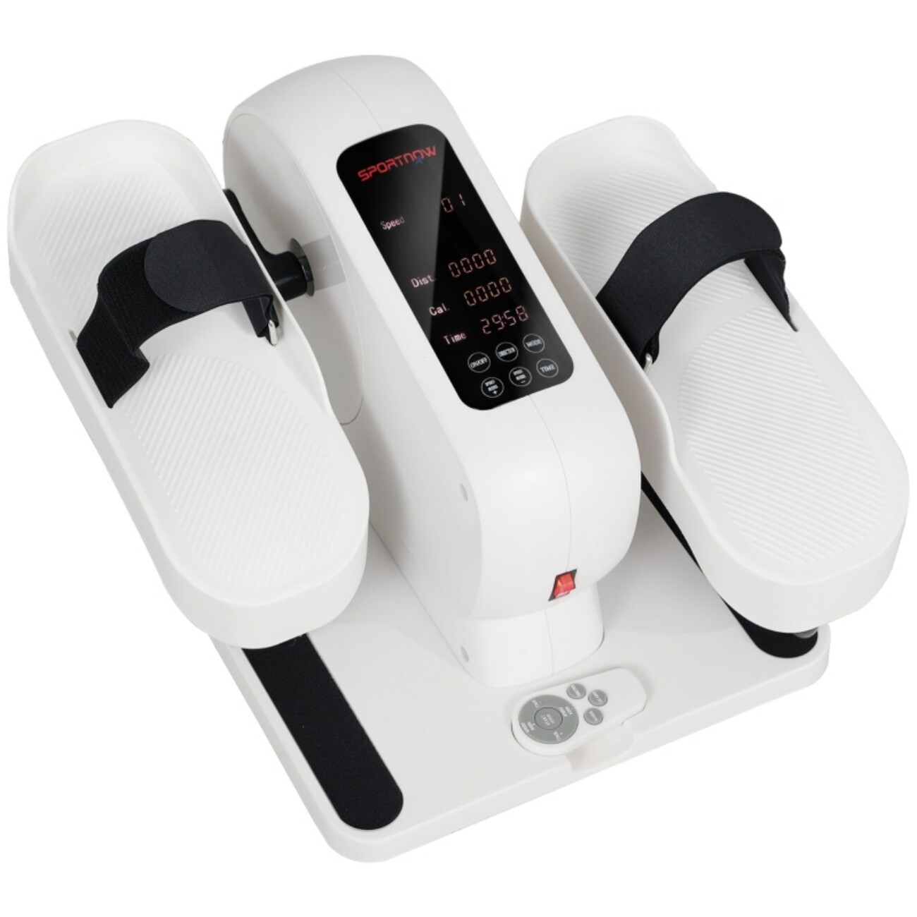 Biały stepper domowy z cyfrowym wyświetlaczem pokazującym prędkość, dystans, kalorie i czas.