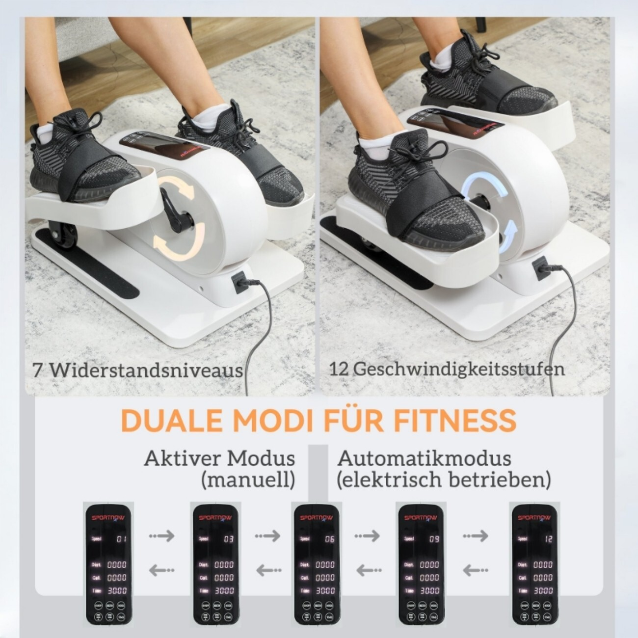 Dwie maszyny fitness z stopami w tenisówkach, jedna pokazuje 7 poziomów, druga 12.