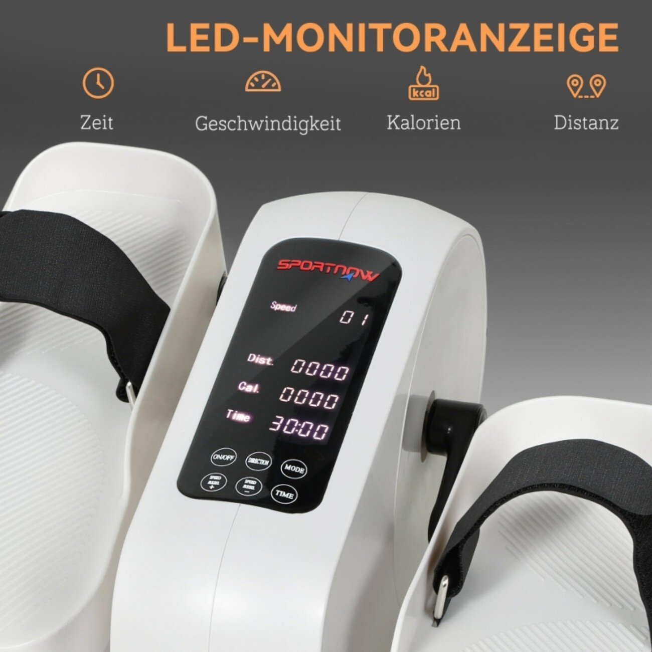 Białe urządzenie do ćwiczeń z wyświetlaczem LED pokazuje prędkość, dystans, kalorie i czas.