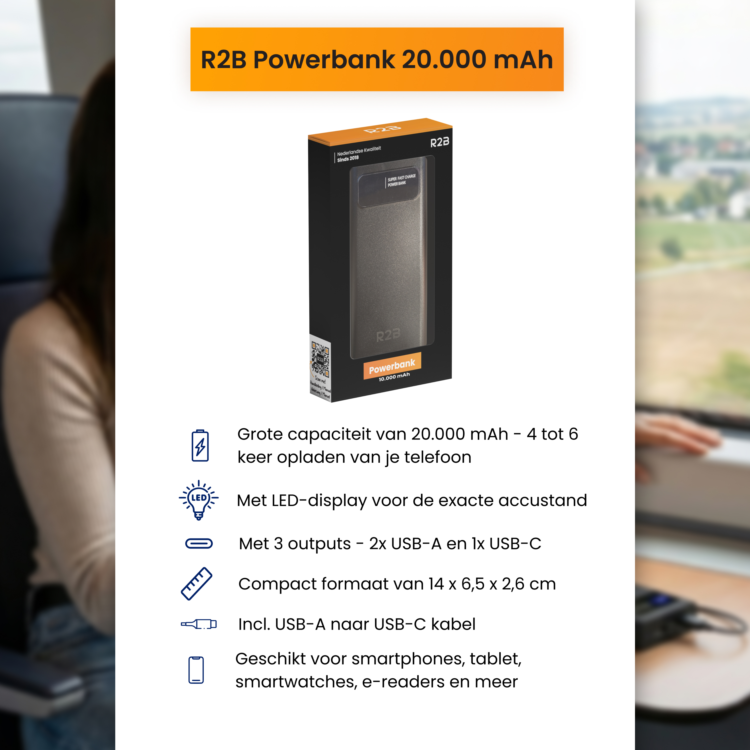 R2B Powerbank 20.000 mAh mit LED-Display, 3 Ausgängen, USB-A/USB-C Kabel.