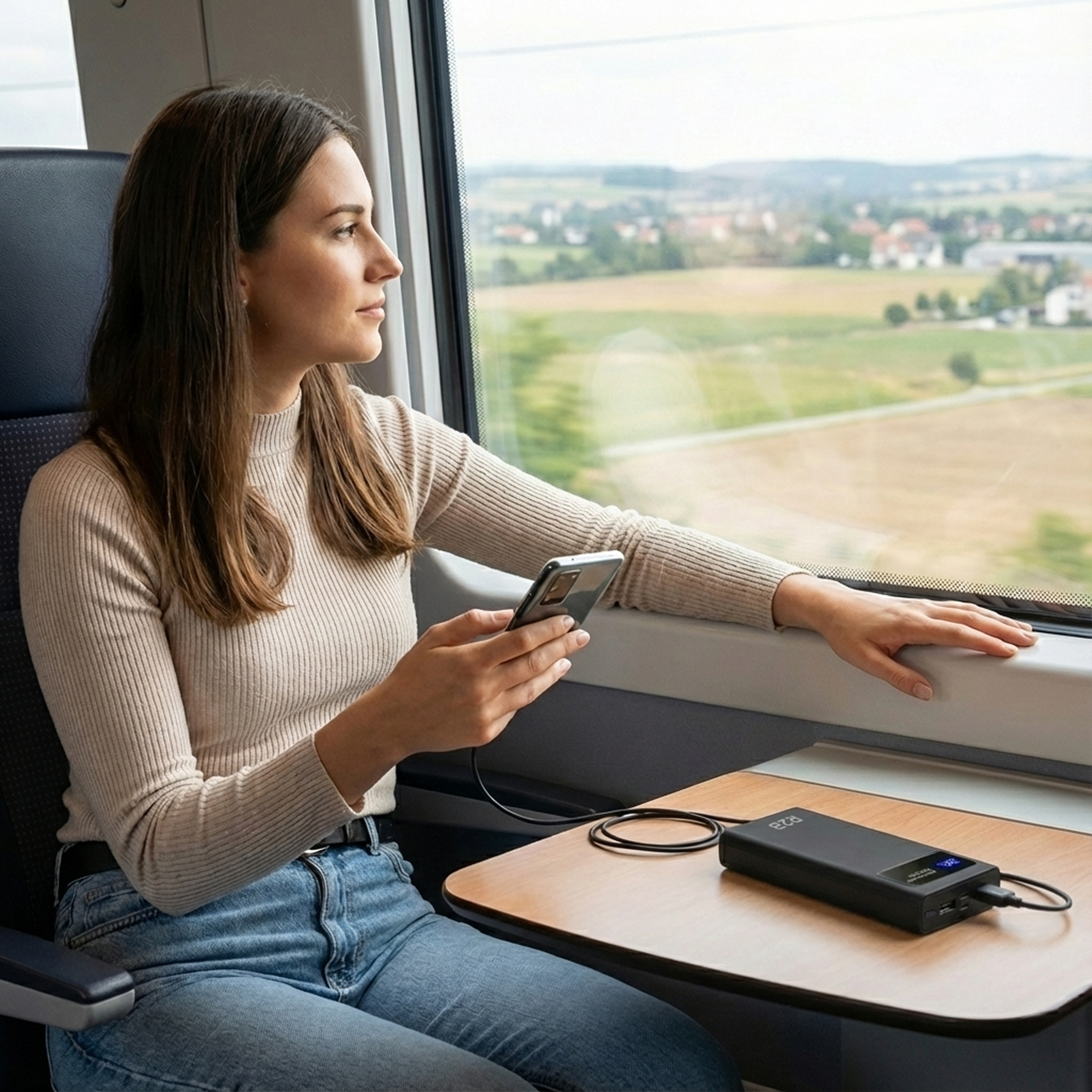 A woman on a train holds a phone and looks out the window. A power bank rests on the table.