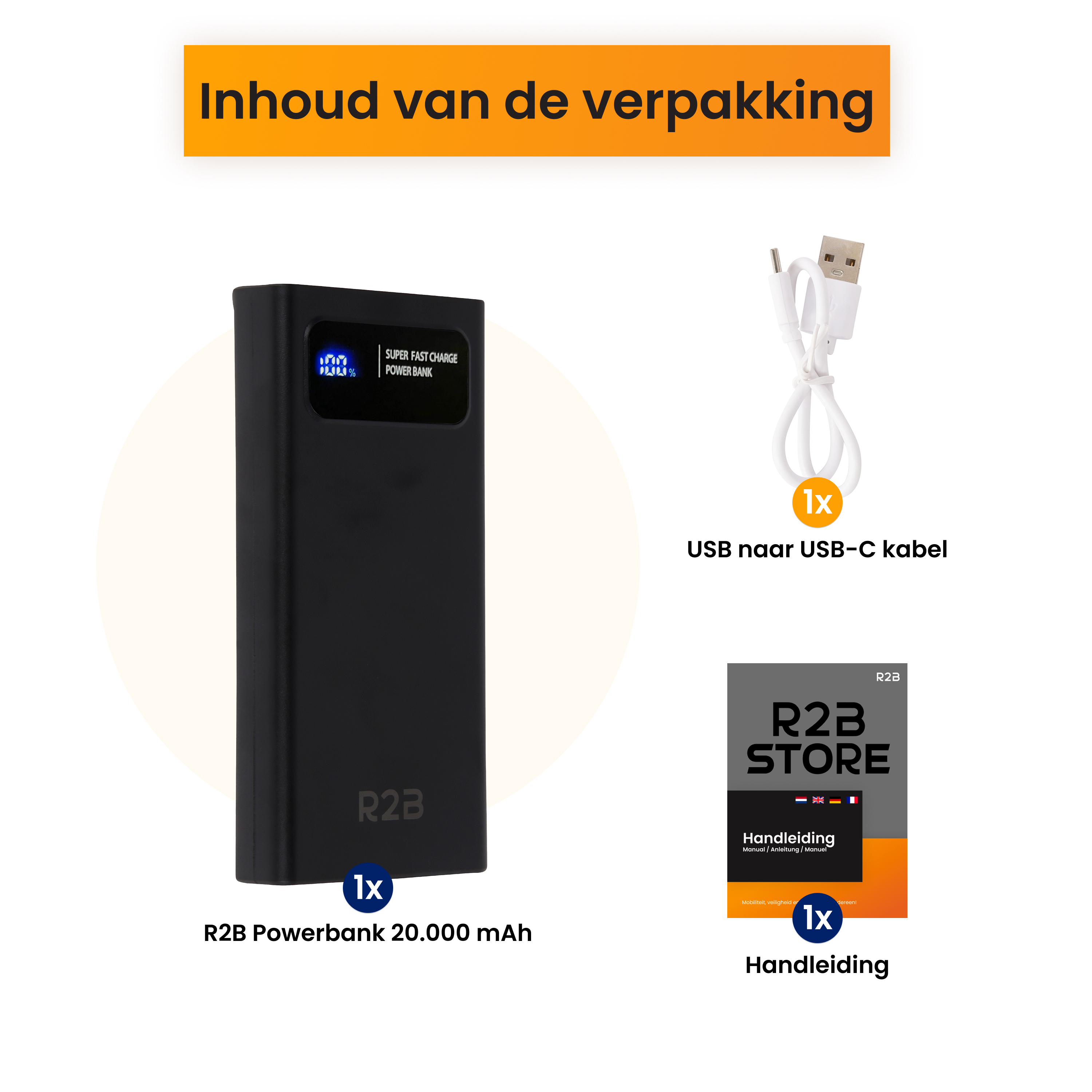 Black 20,000 mAh power bank with USB cable and manual.