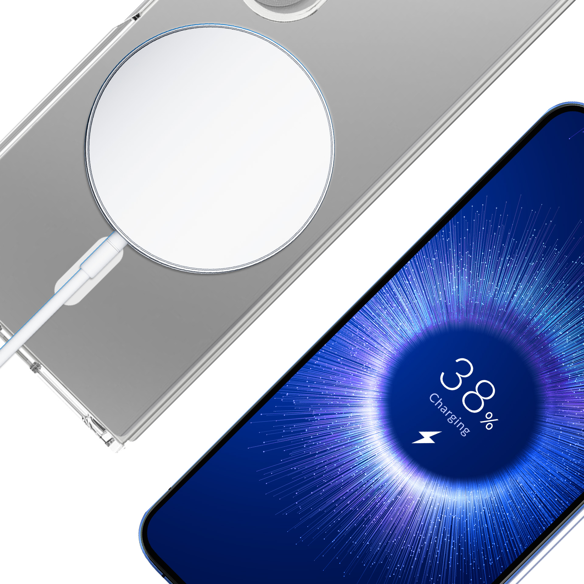 Smartfon z 38% naładowania leży obok podkładki ładującej z kablem.