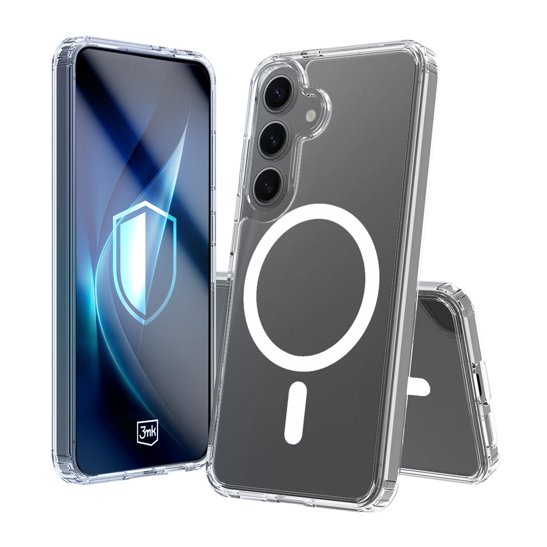 Przezroczyste etui na telefon z pierścieniem magnetycznym i telefonem z logo tarczy.