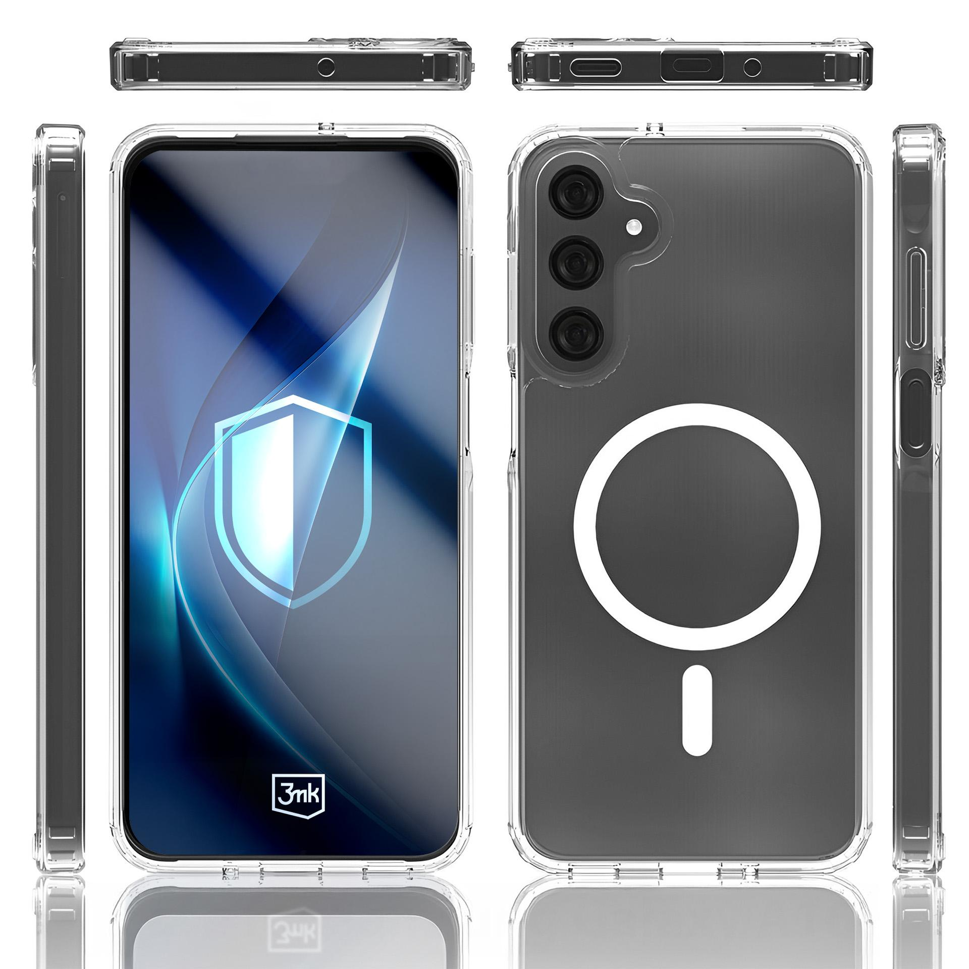 Przezroczyste etui na telefon z pierścieniem magnetycznym i ochroną aparatu. Widok z przodu, tyłu i boków.