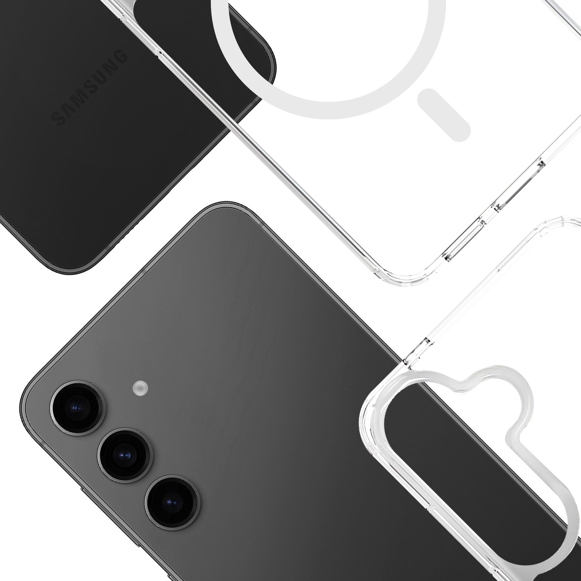 Smartfon z trzema aparatami i przezroczystym etui.