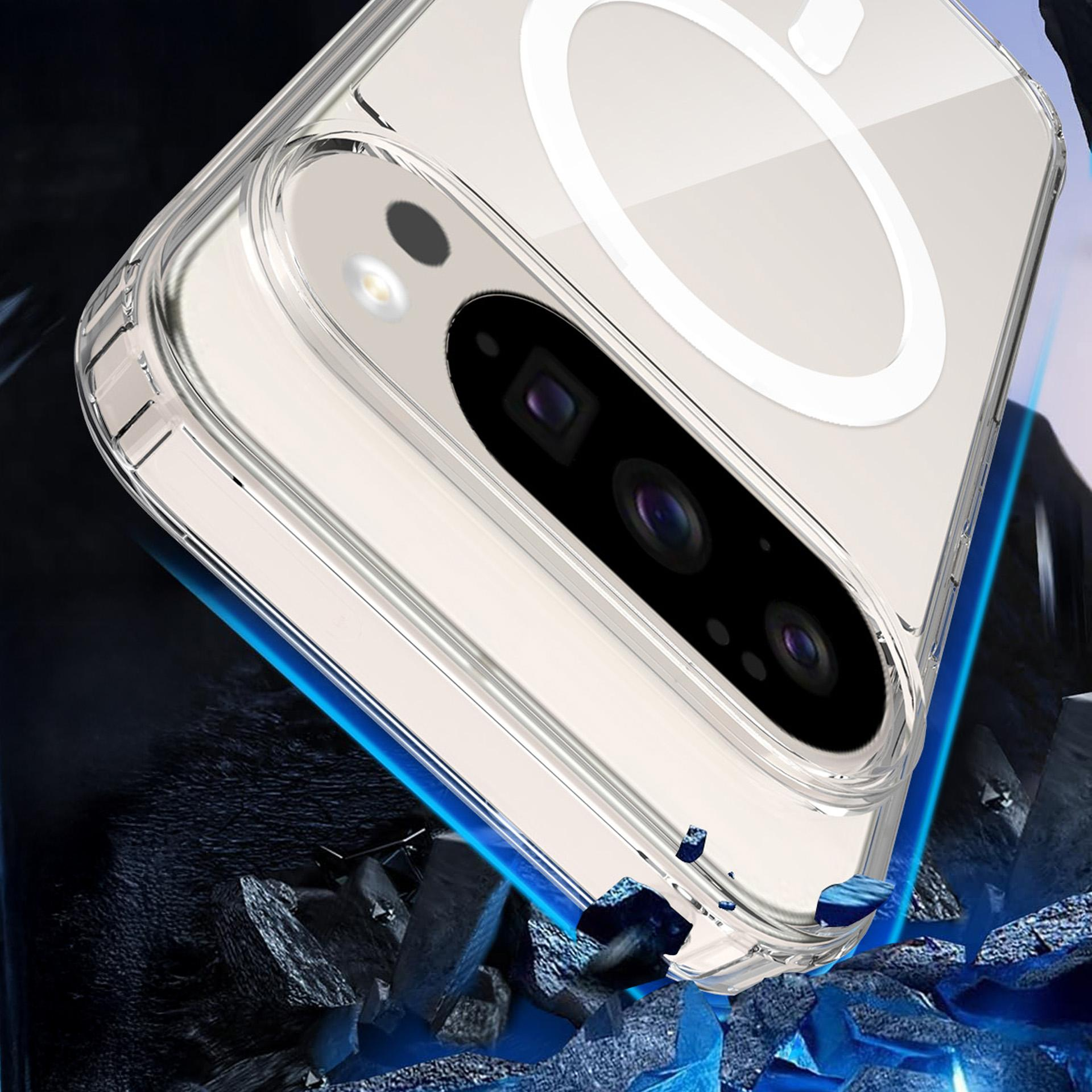 Przezroczyste etui na telefon z obiektywami i pierścieniem magnetycznym. Ciemne tło.