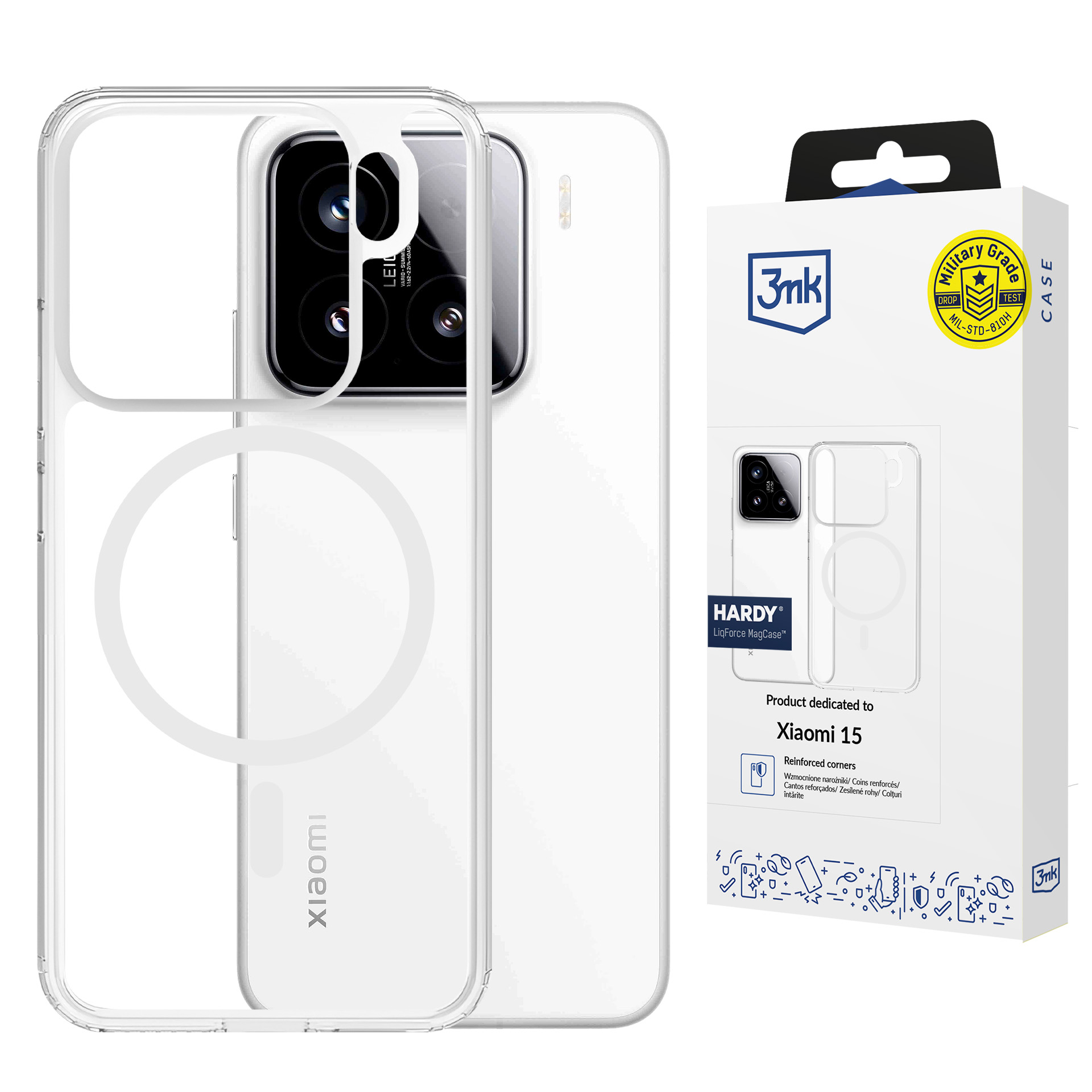 Przezroczyste etui na telefon Xiaomi 15 z kółkiem MagSafe i wycięciem kamery.