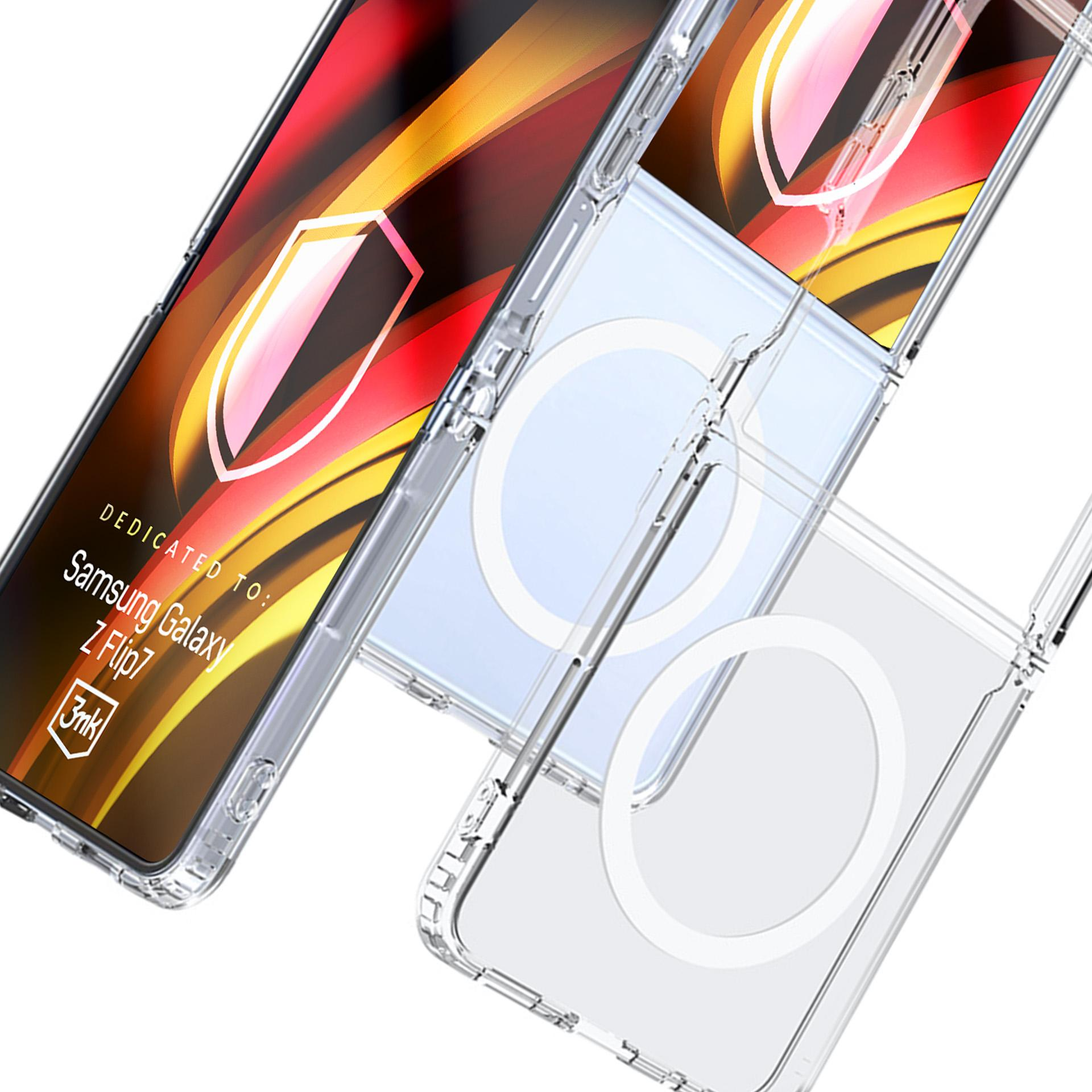 Przezroczyste etui na telefon Samsung Galaxy Z Flip7 na kolorowym tle.