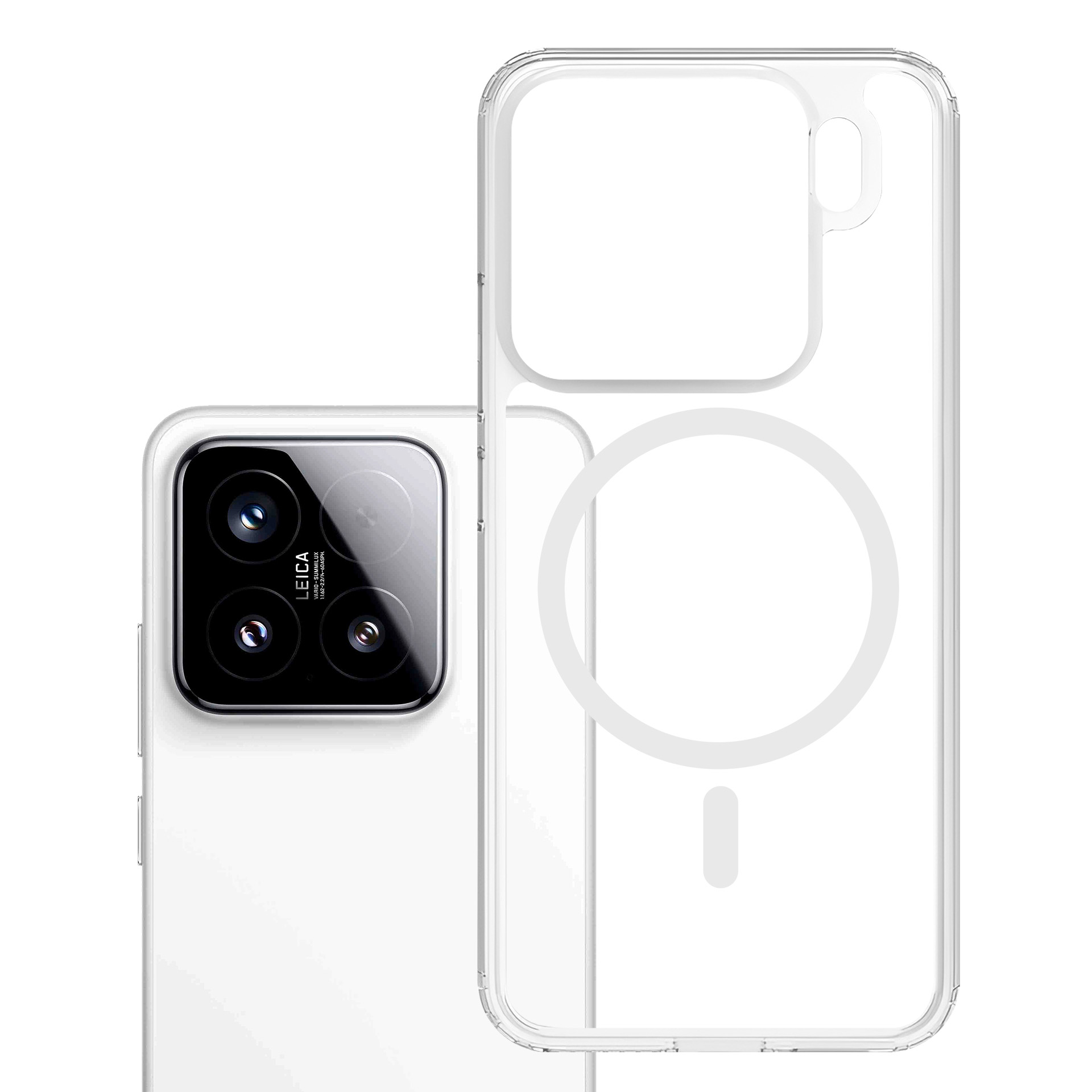 Przezroczyste etui na telefon z pierścieniem magnetycznym obok białego smartfona.