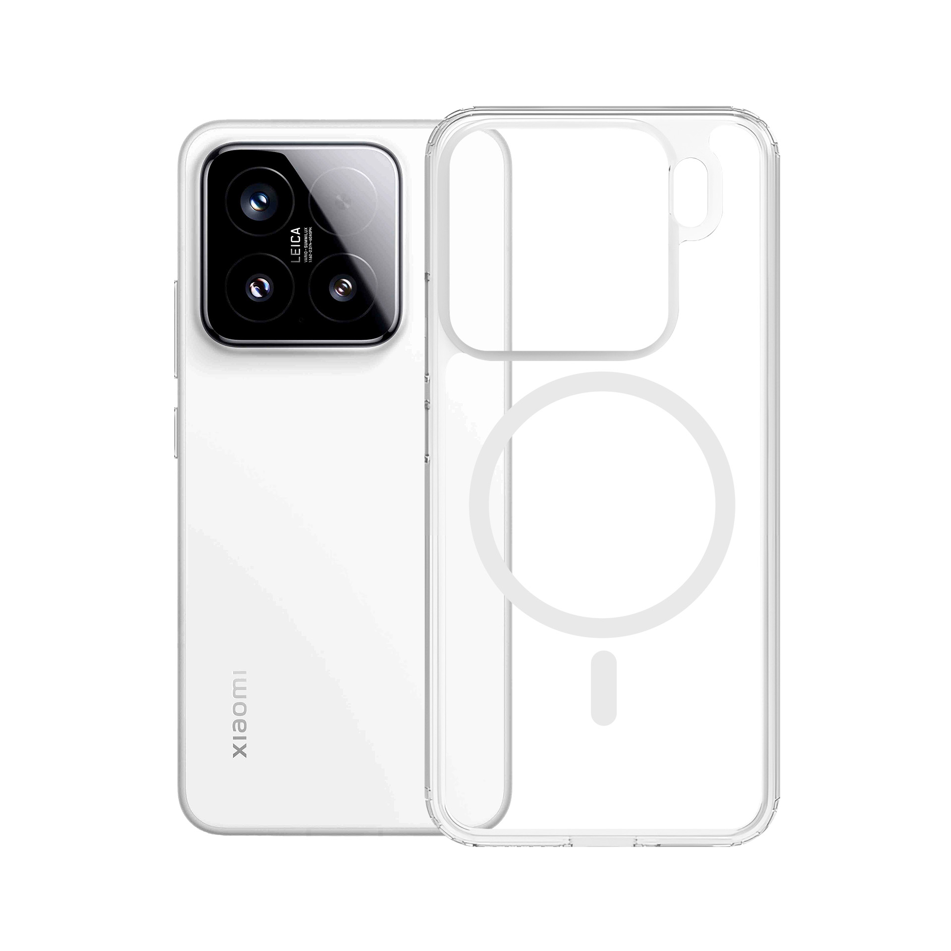 Białe etui na telefon obok przezroczystego etui ochronnego.