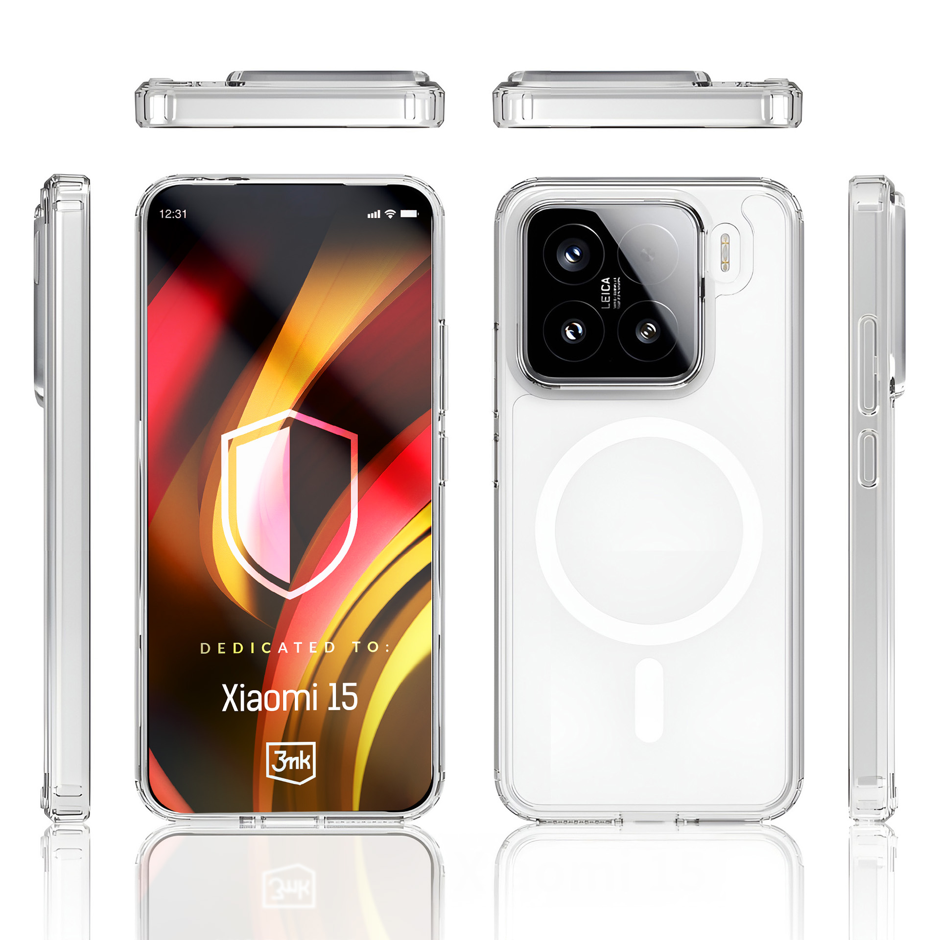 Przezroczysta obudowa prototypowa do Xiaomi 15, z aparatem i logo.