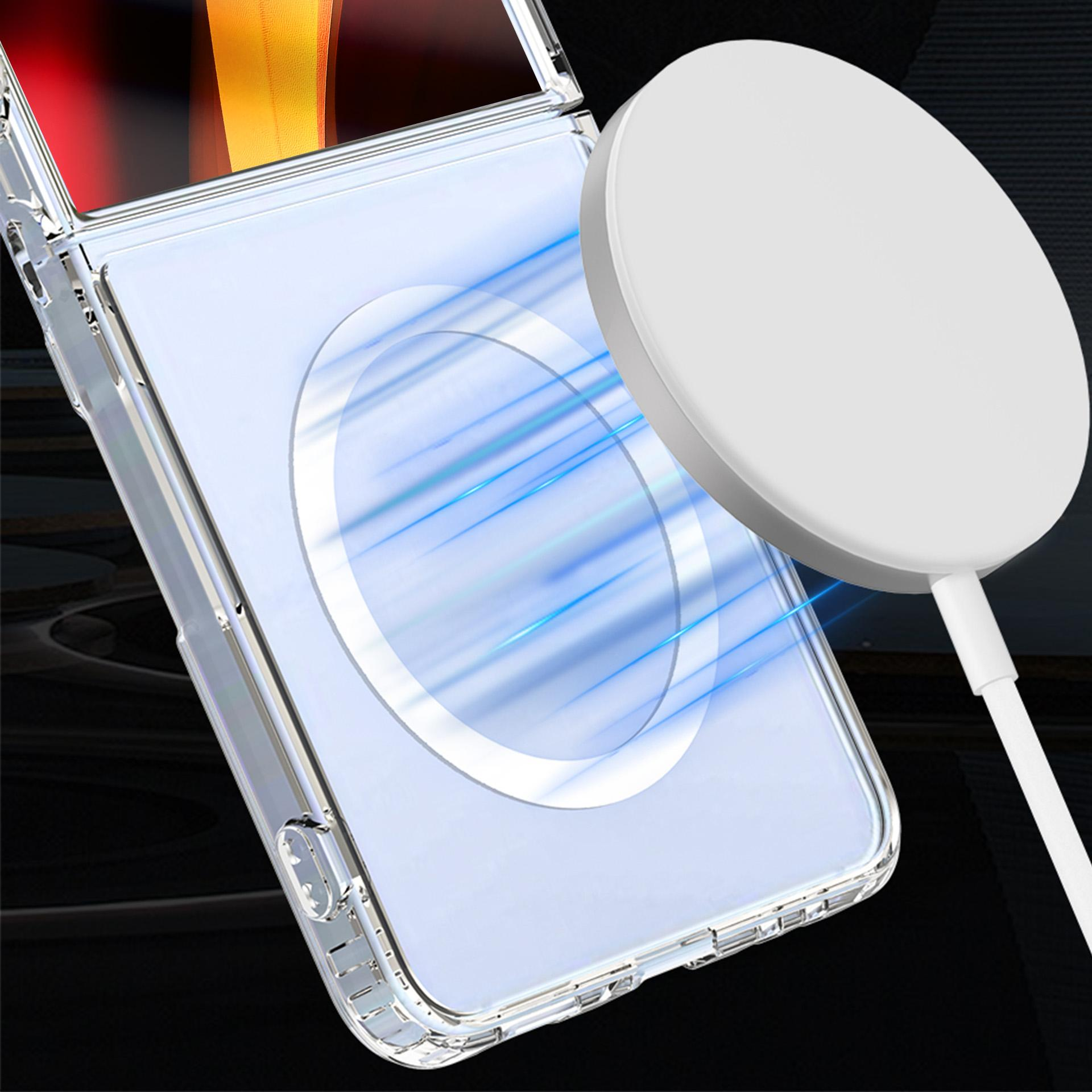 Przezroczyste etui na telefon ładuje się białym ładowarką MagSafe.