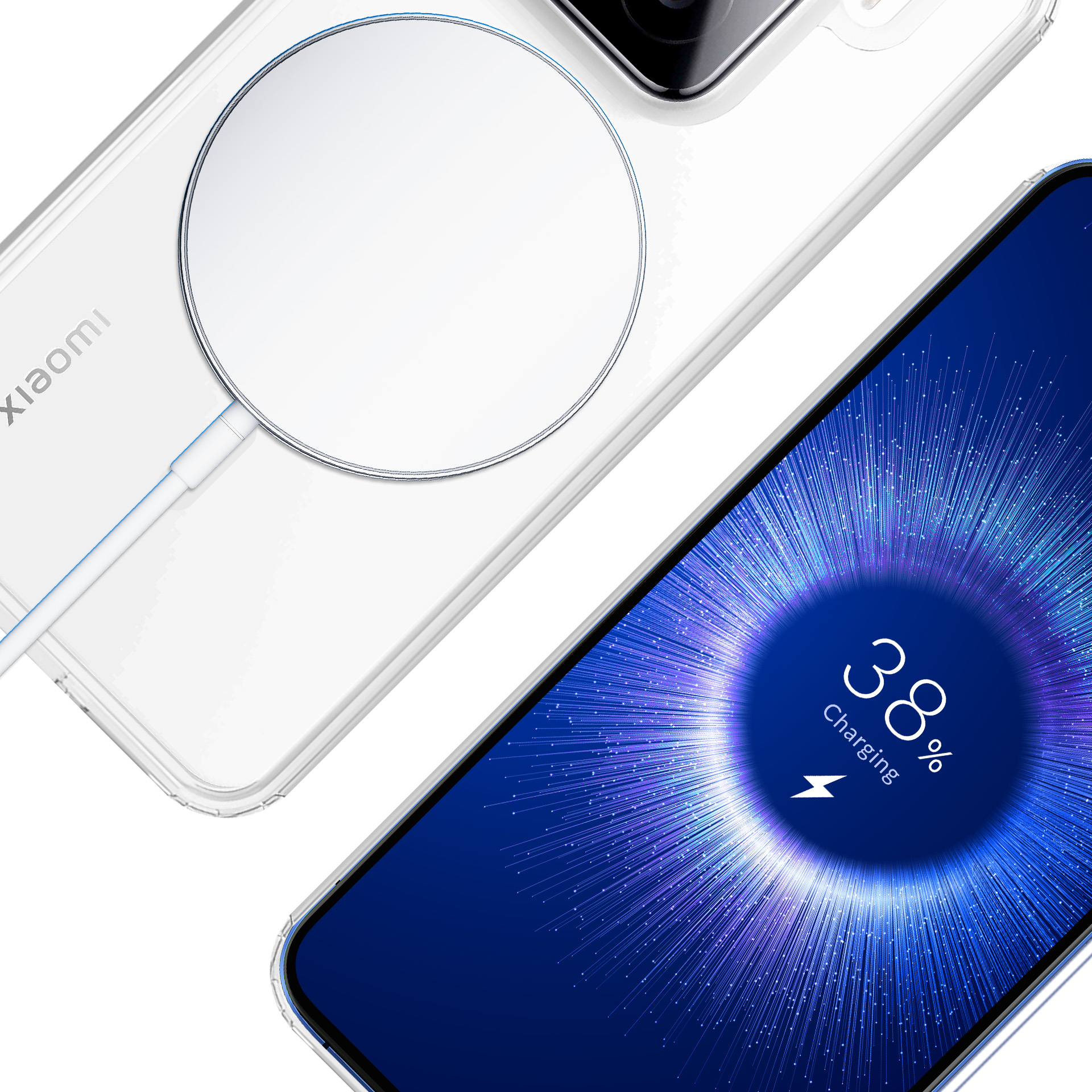 Biały smartfon z kablem ładującym ładuje się na białym tle.