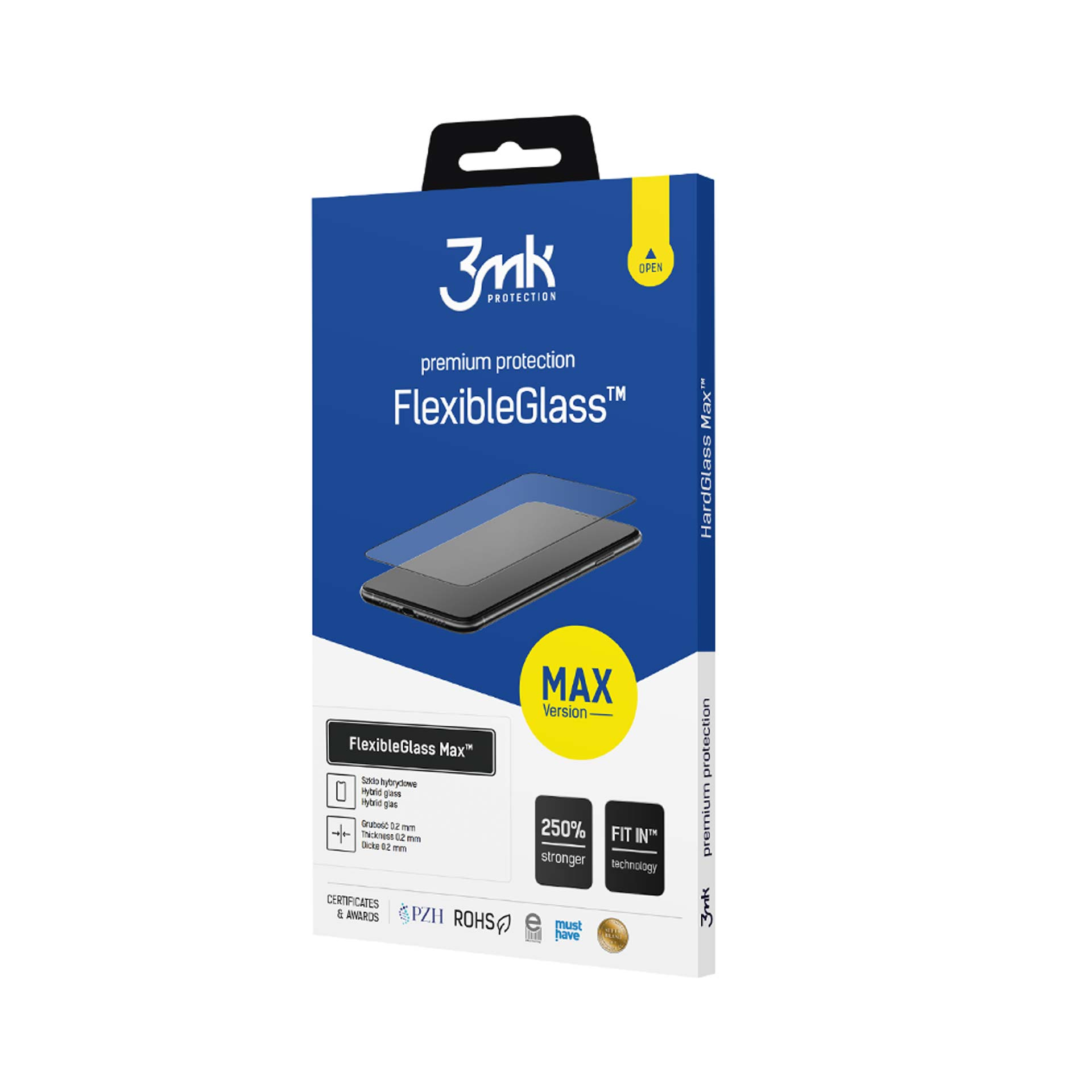 Confezione per protezione schermo 3mk FlexibleGlass Max con illustrazione smartphone.
