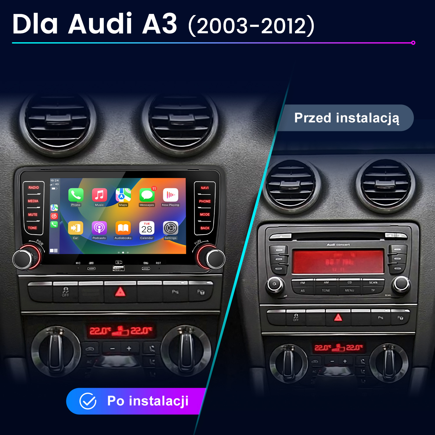 Porównanie systemu multimedialnego Audi A3 przed i po instalacji.