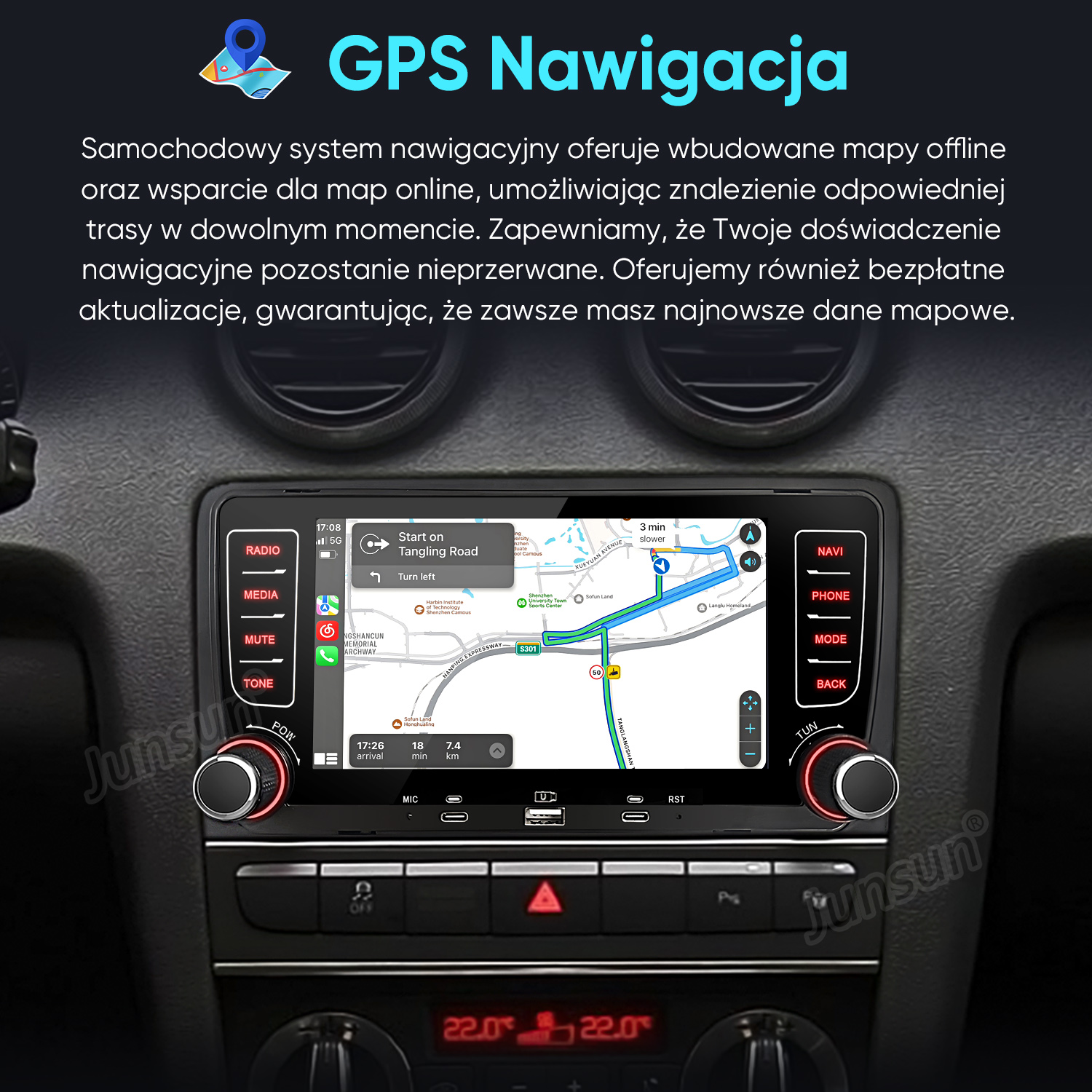 Samochodowy system nawigacji pokazujący mapę, trasę i kontrolki.