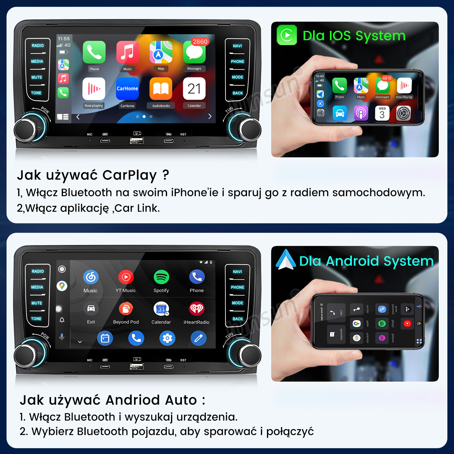 Widok ekranu CarPlay i Android Auto z ikonami aplikacji i instrukcjami.