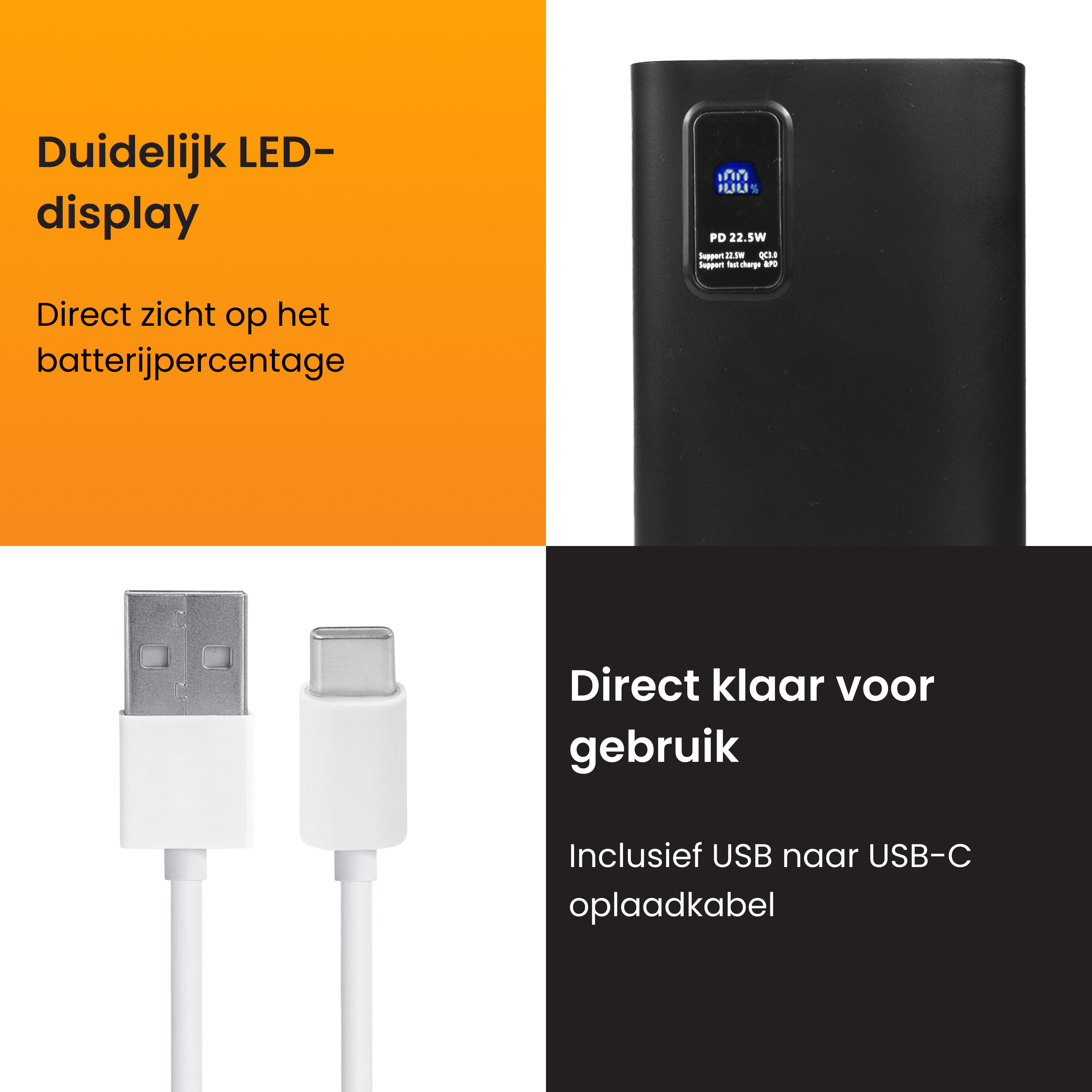 Black power bank with LED display, USB-C cable, and text.