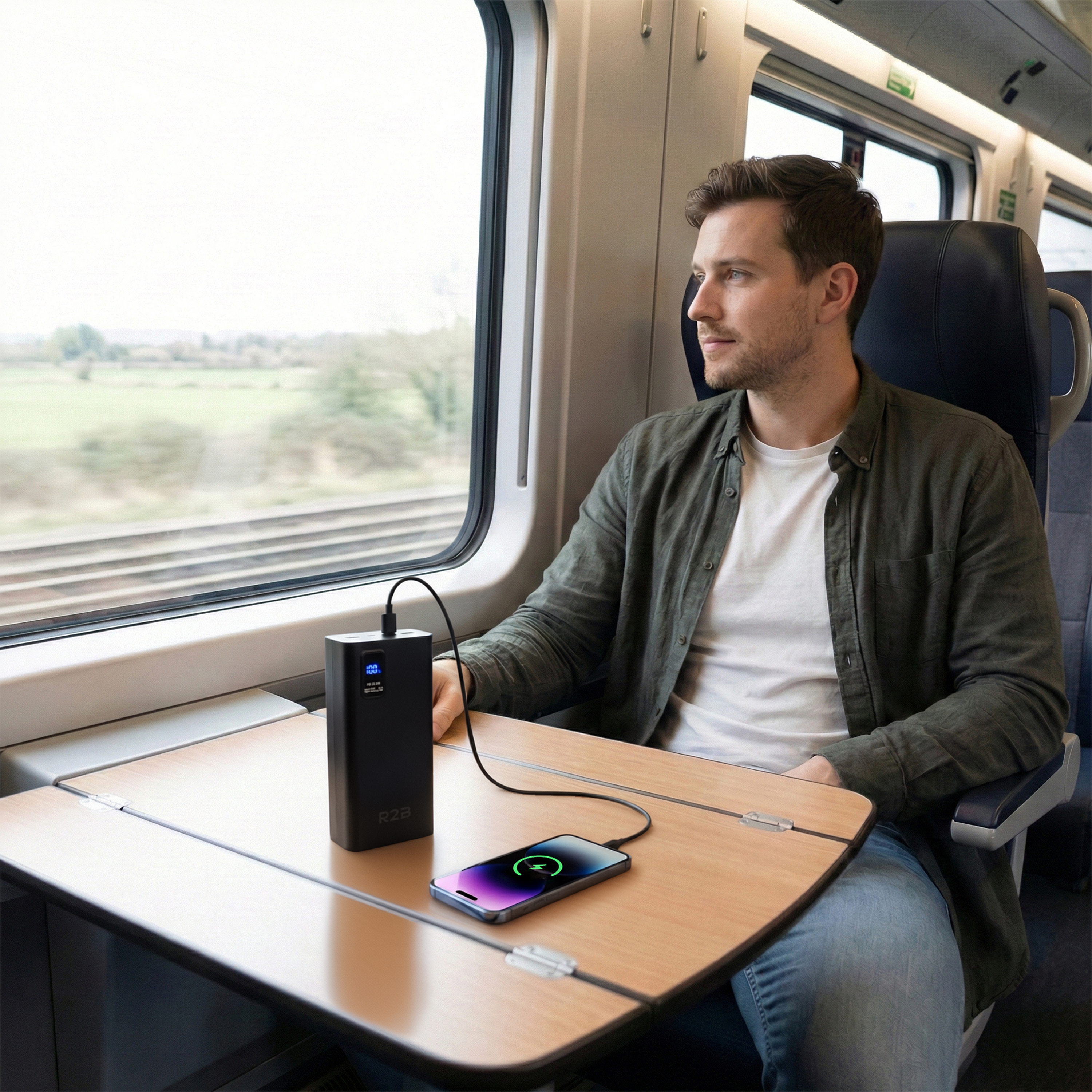 Man on train charges phone with power bank, looks out window.