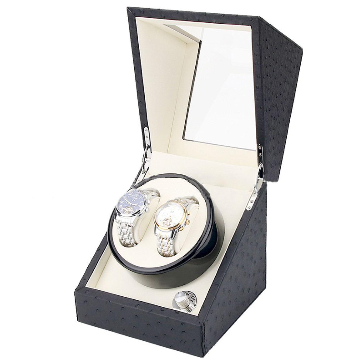 Un caricaorologi nero, aperto, con due orologi d'argento e d'oro e uno specchio.