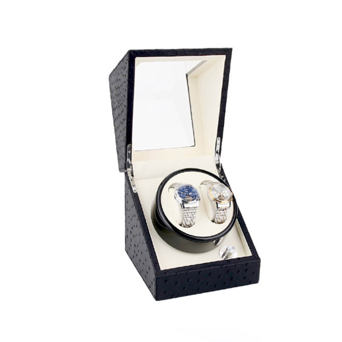 Scatola porta orologi nera con due orologi e specchio nel coperchio.