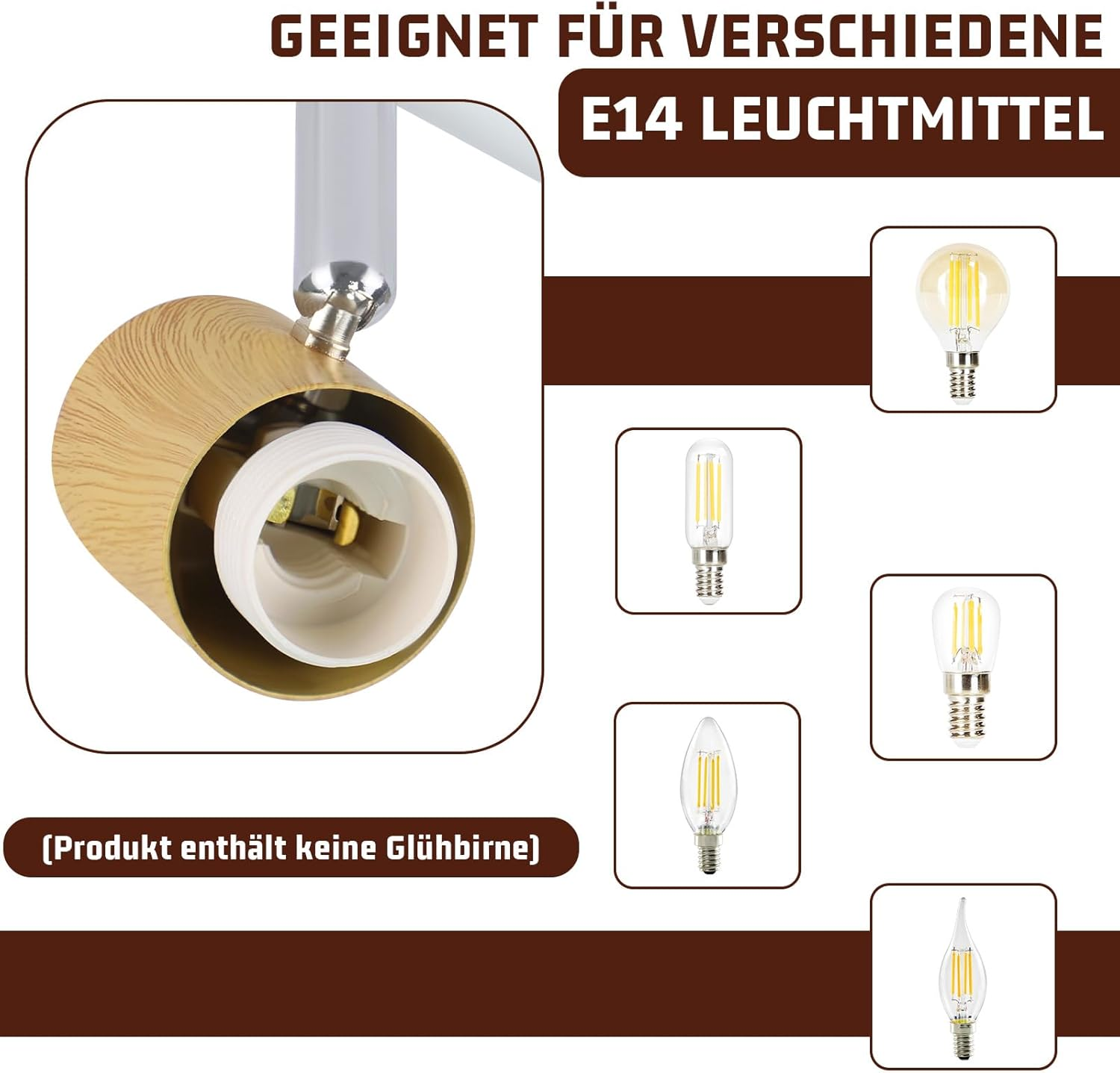 Portalampada effetto legno ed esempi di lampadine E14.