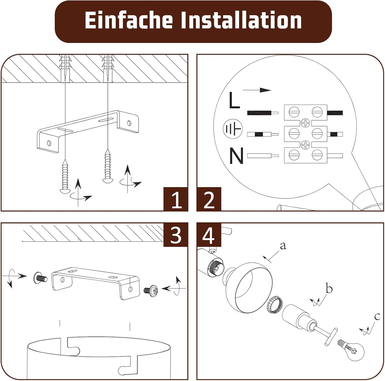 Istruzioni passo passo per assemblare una lampada con viti, cavi e lampadina.
