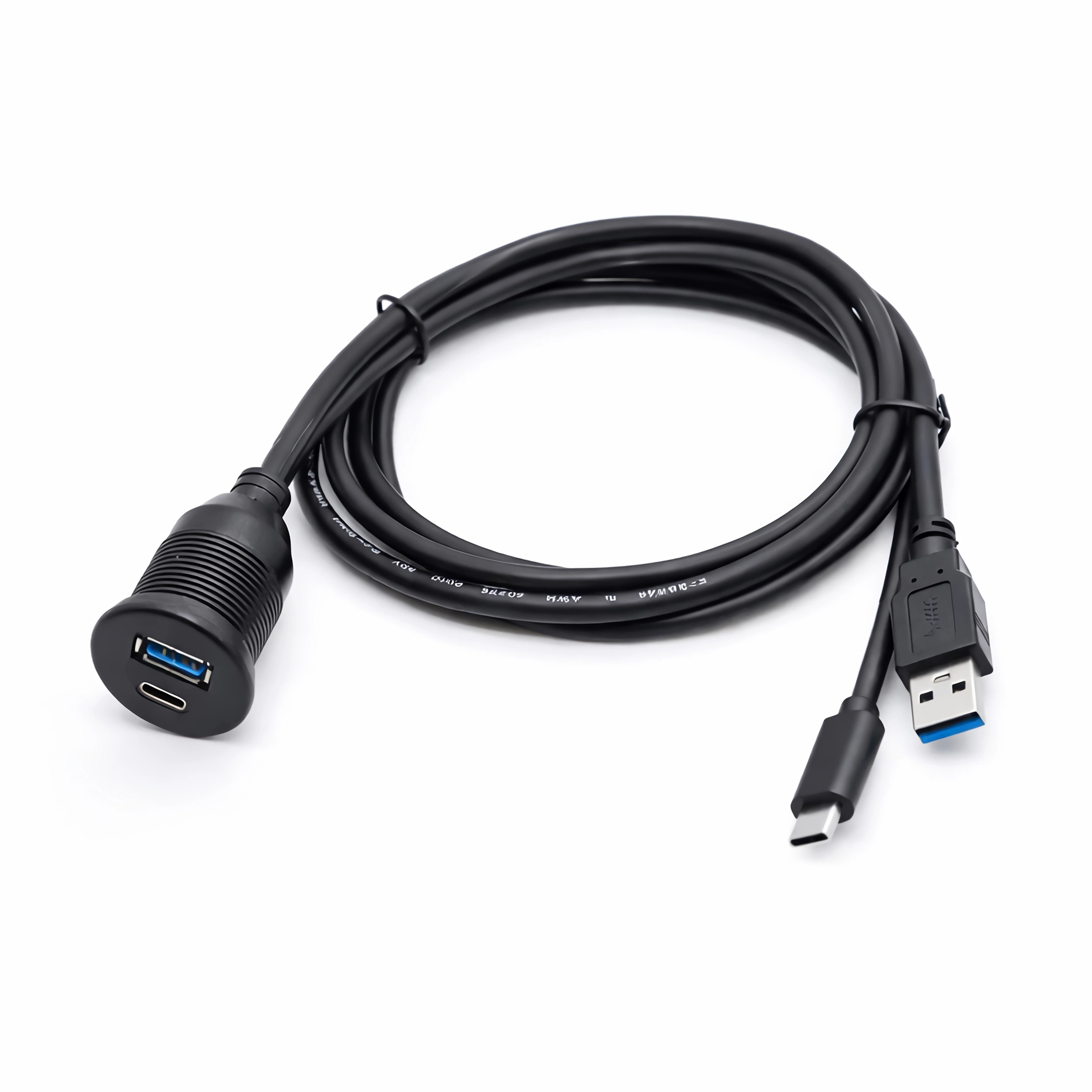 Ein schwarzes USB-Kabel mit einem Typ-A-Anschluss und einem C-Anschluss.