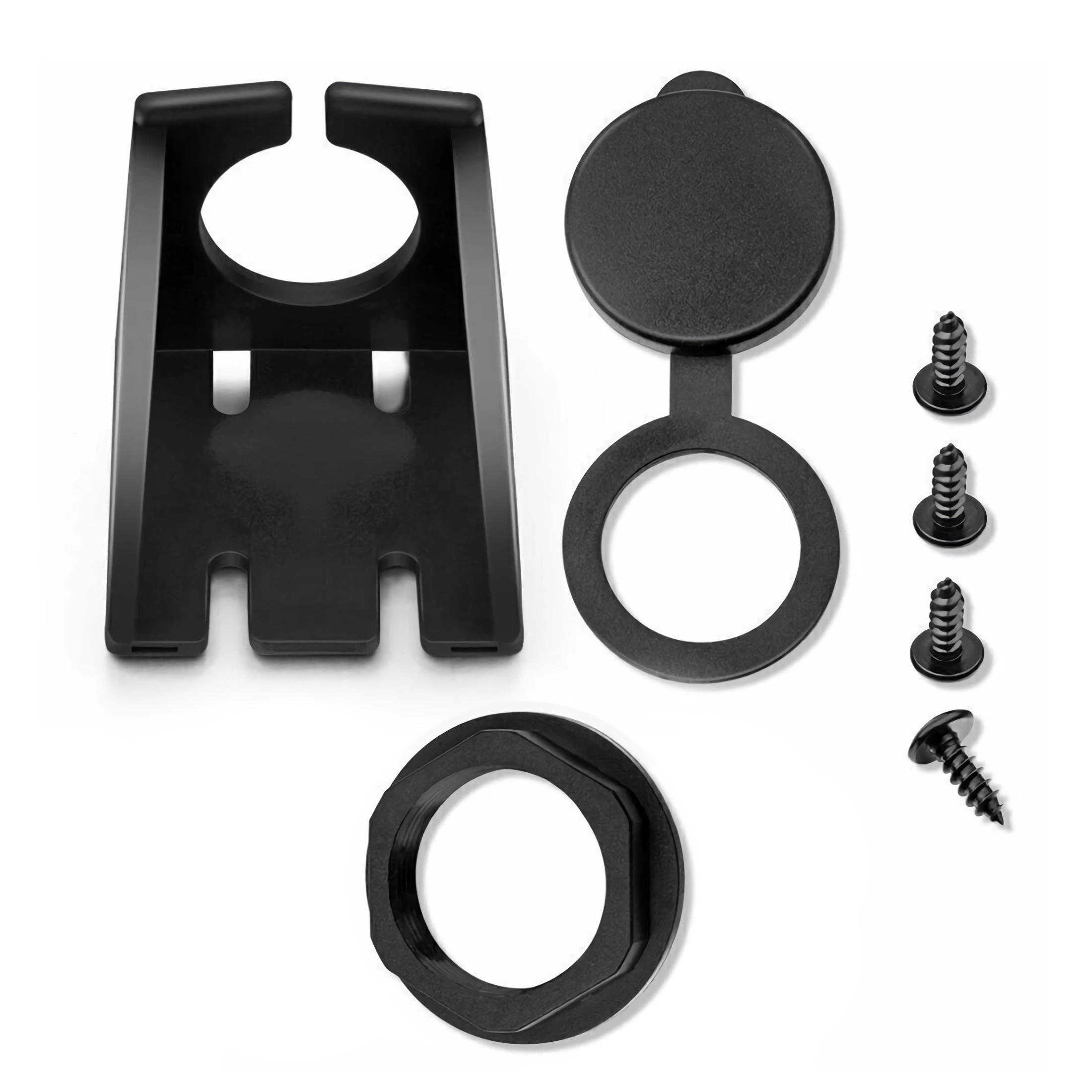 Schwarze Halterung, Deckel, Ring und vier Schrauben auf weißem Hintergrund.