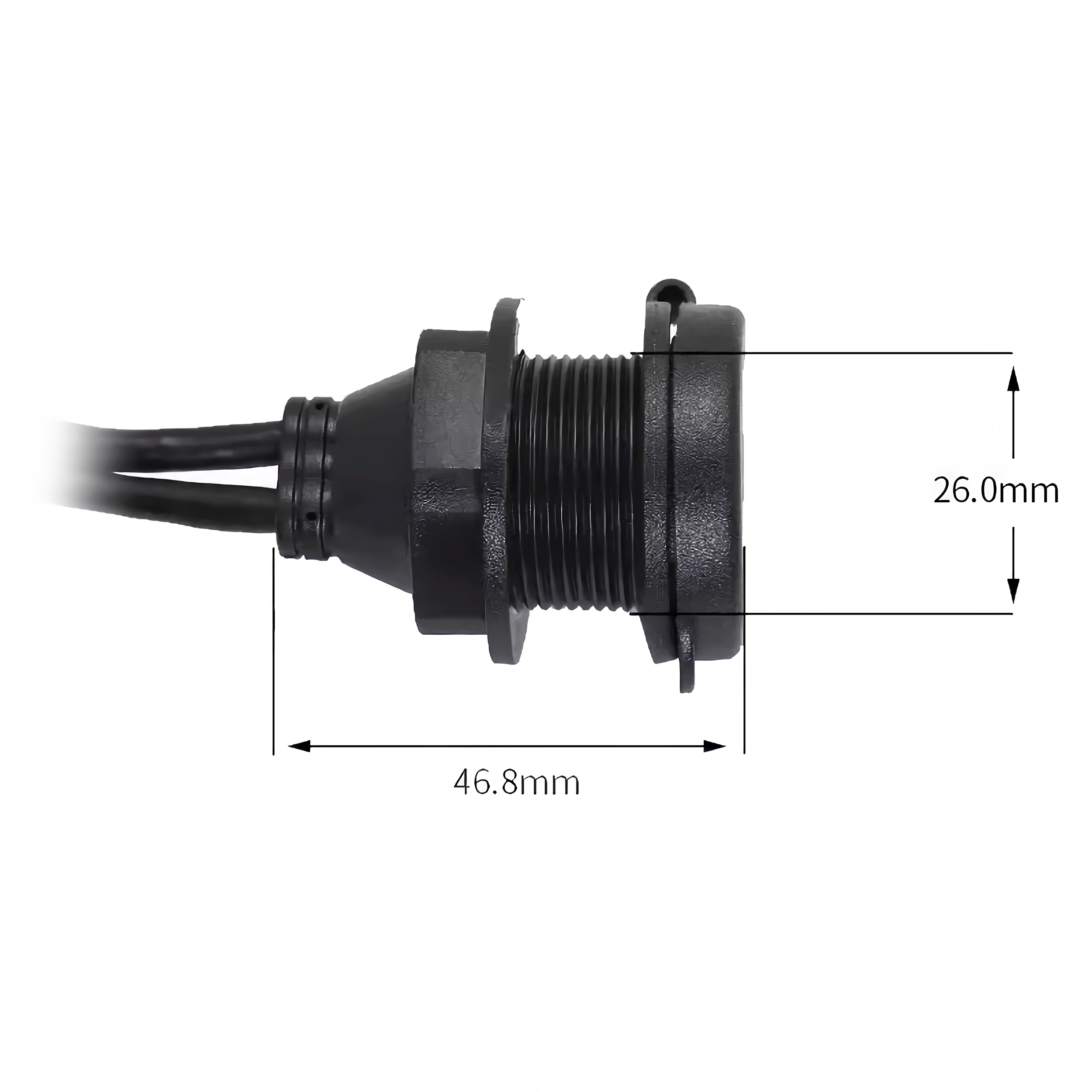Schwarzer Stecker mit Kabeln und Maßen 46,8 mm und 26,0 mm.