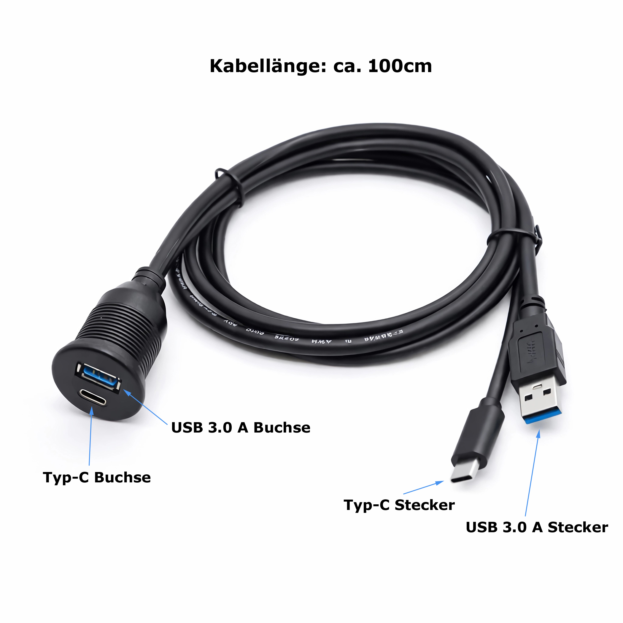 Schwarzes USB-Kabel, 100cm lang, mit USB-A- und USB-C-Anschlüssen.
