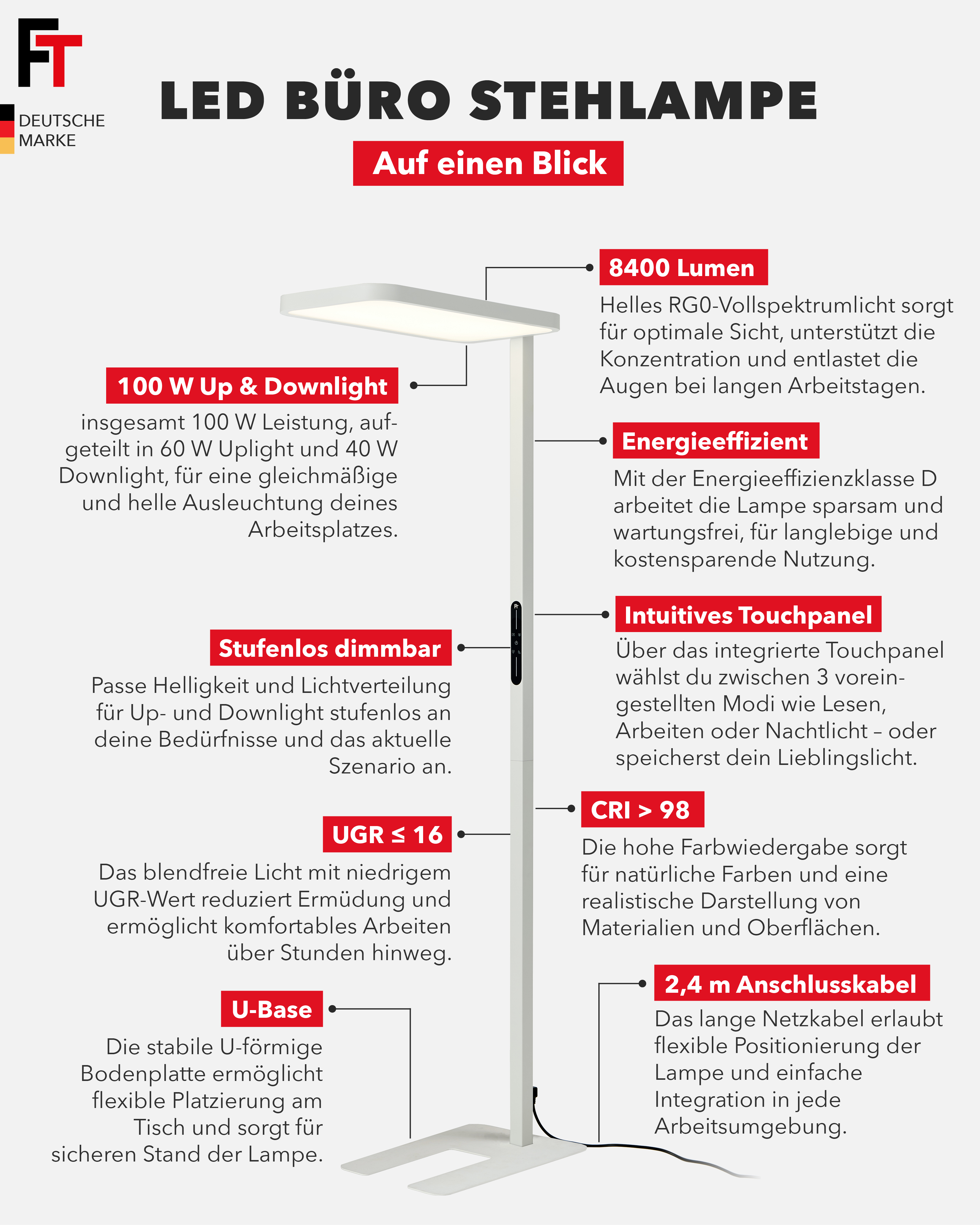 Moderne LED-Büroleuchte mit Touchpanel und vielen Funktionen.