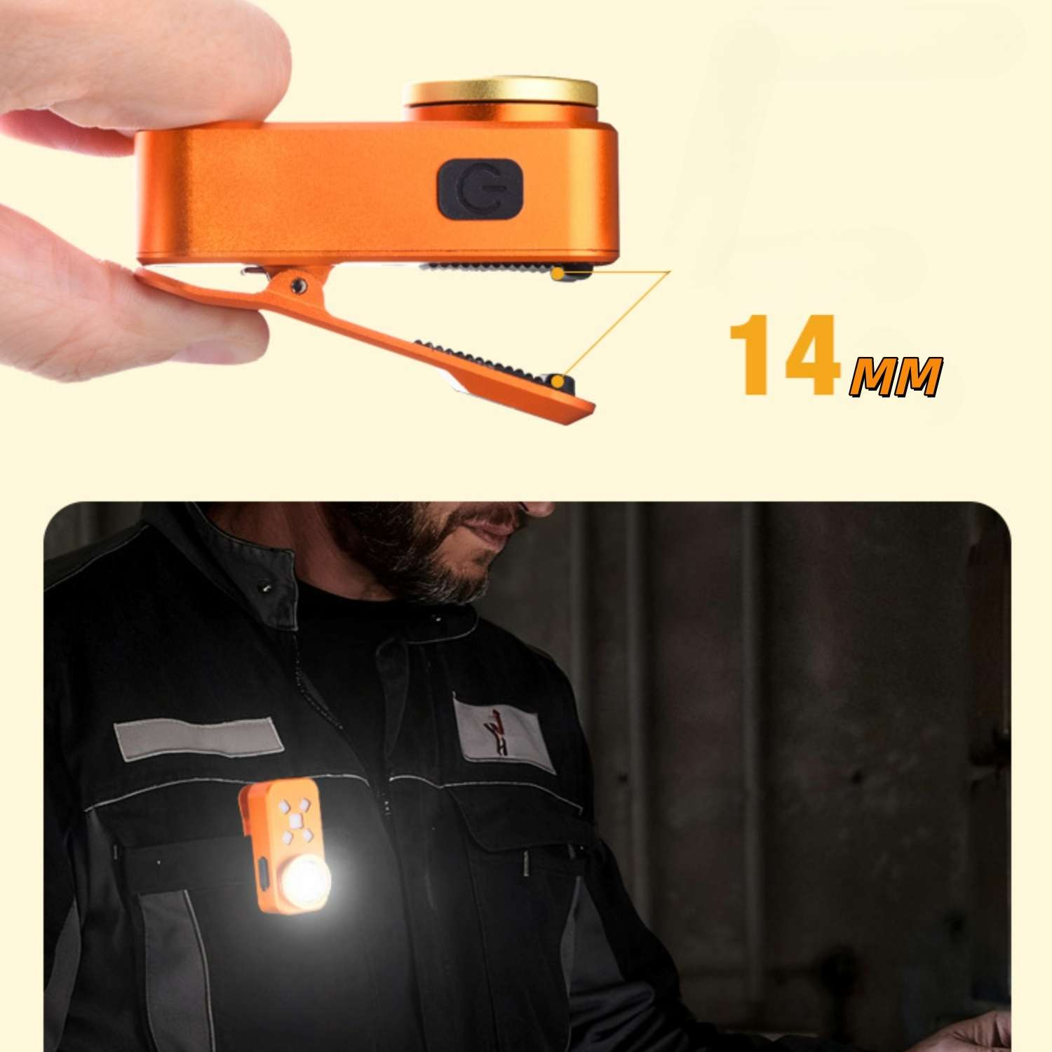 Orange Clip-on Lampe mit 14mm Breite auf schwarzer Arbeitskleidung.