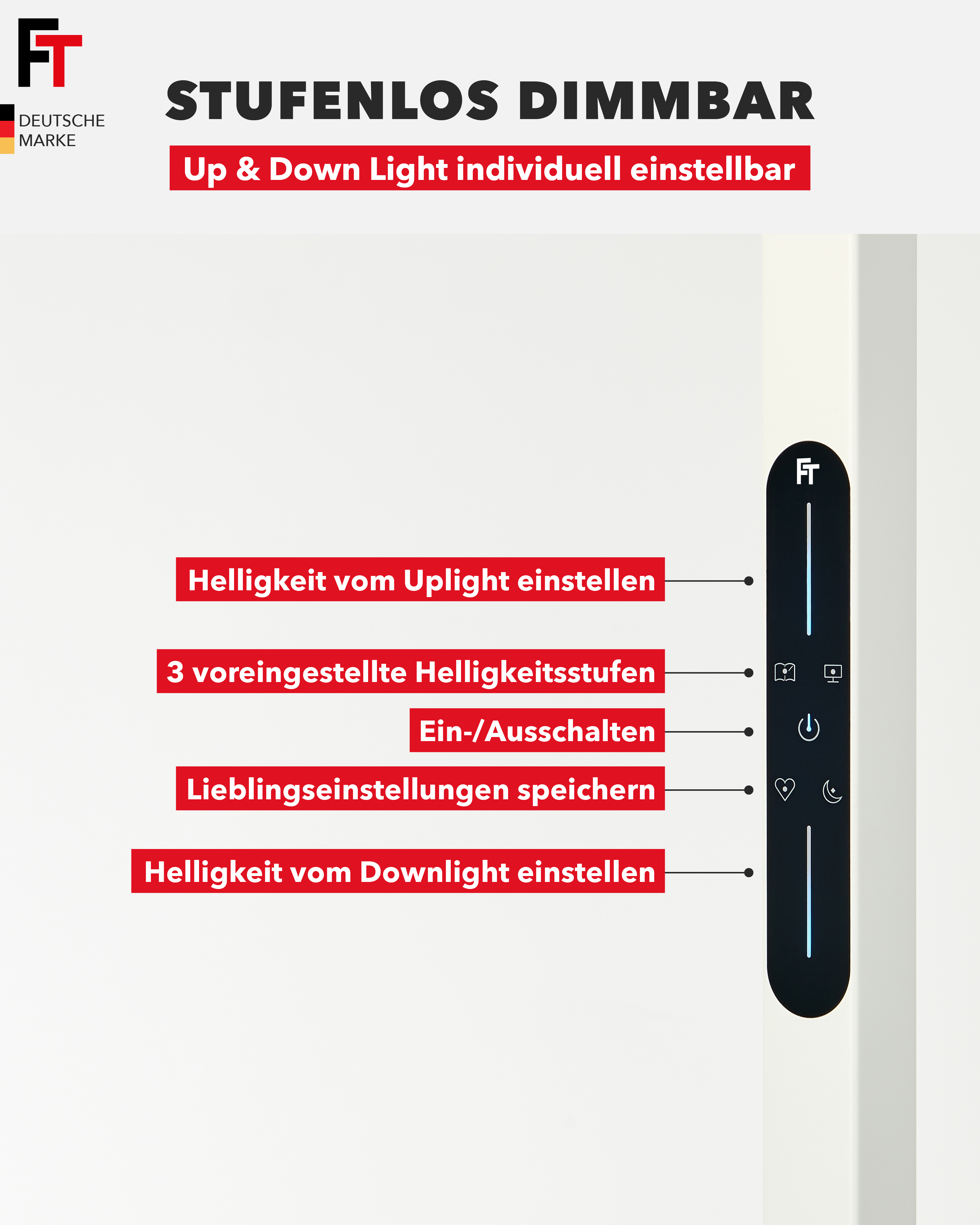 Lampe mit Helligkeitsregelung und Icons für Einstellungen.
