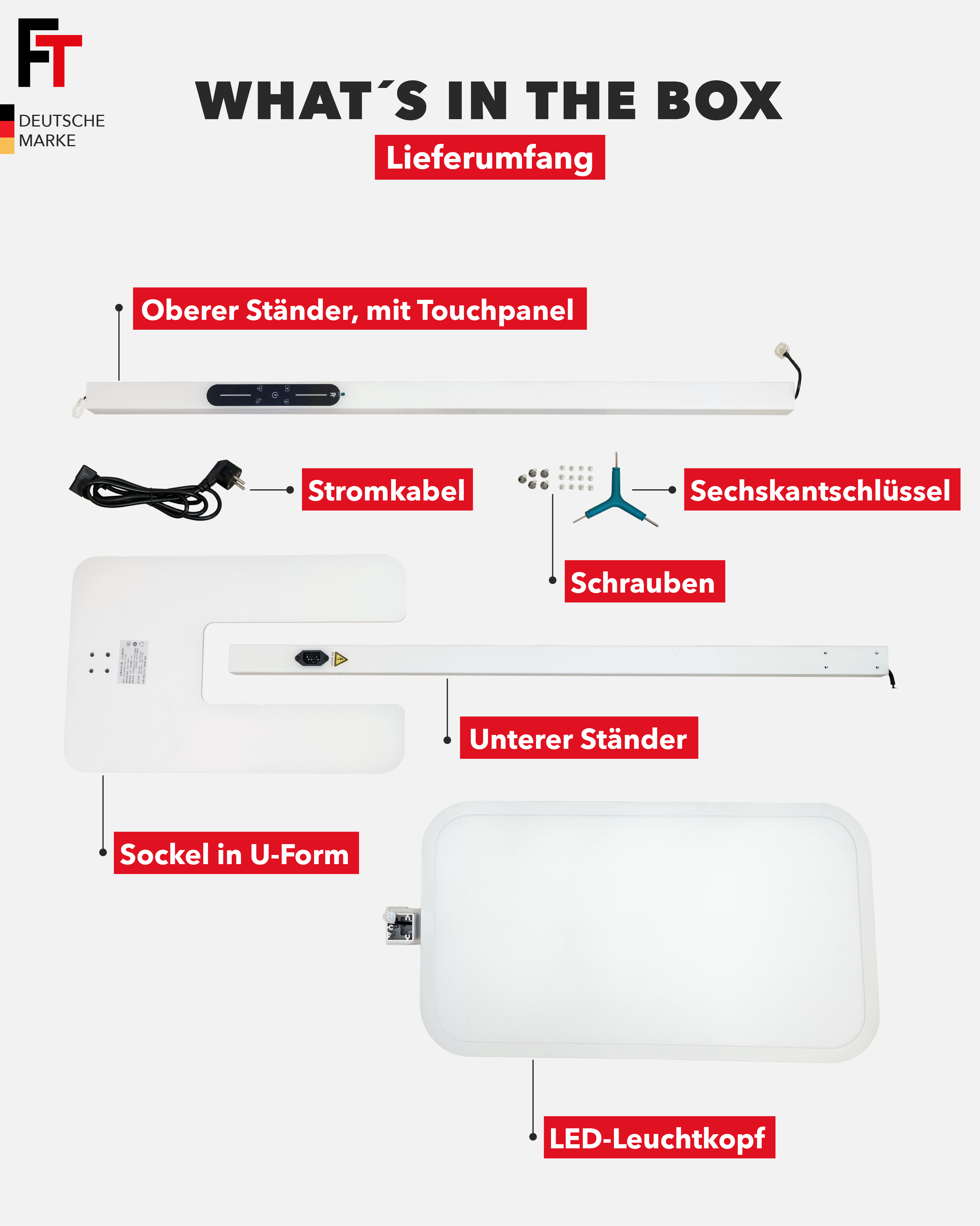 Lieferumfang: Oberer Ständer, Stromkabel, Sechskantschlüssel, Schrauben, Unterer Ständer, Sockel, LED-Leuchtkopf.