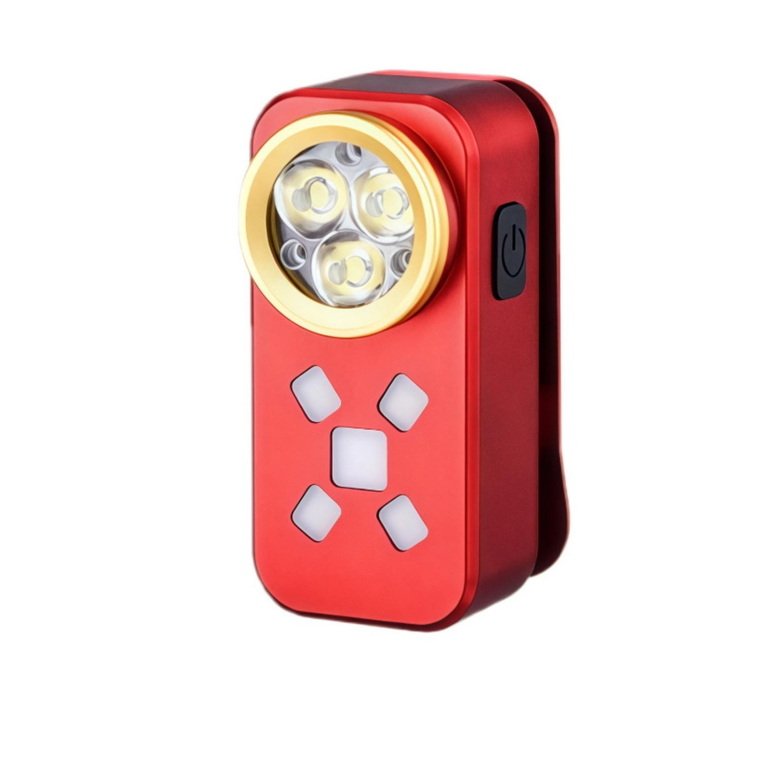 Rote Lampe mit vier LEDs, goldenem Ring und Tasten.
