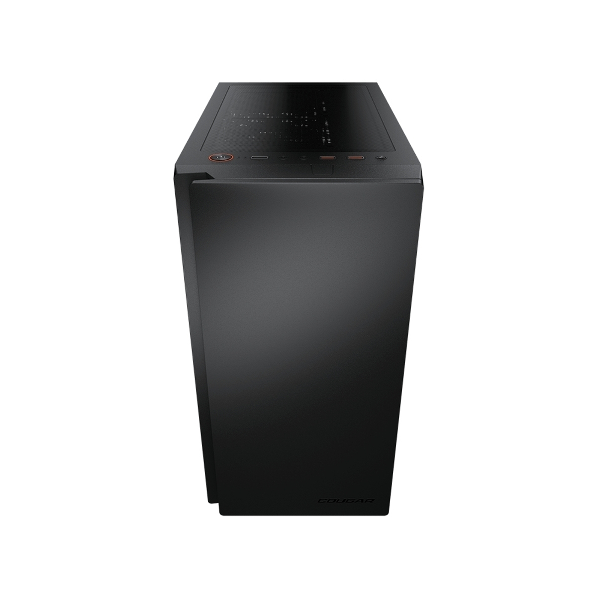 Case del computer nero con prese d'aria e porte superiori. Logo COUGAR.