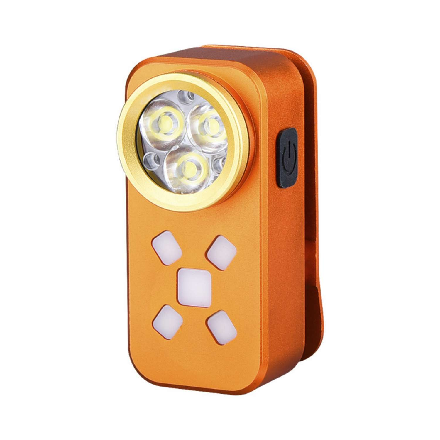 Orange Taschenlampe mit vier LEDs und quadratischem Muster.