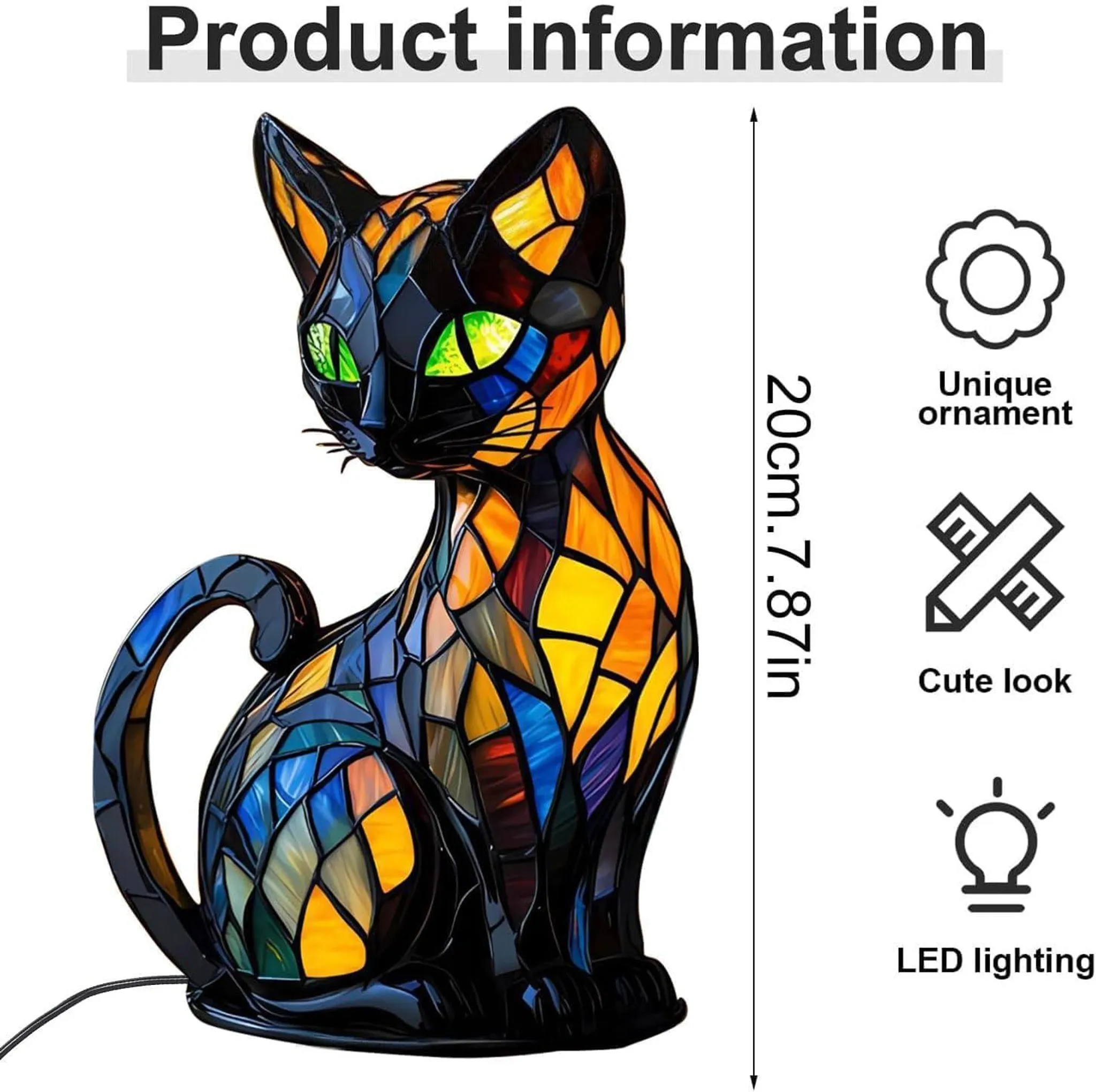 Eine Tiffany-Katzenlampe mit grünen Augen und bunten Paneelen sitzt auf schwarzem Sockel.