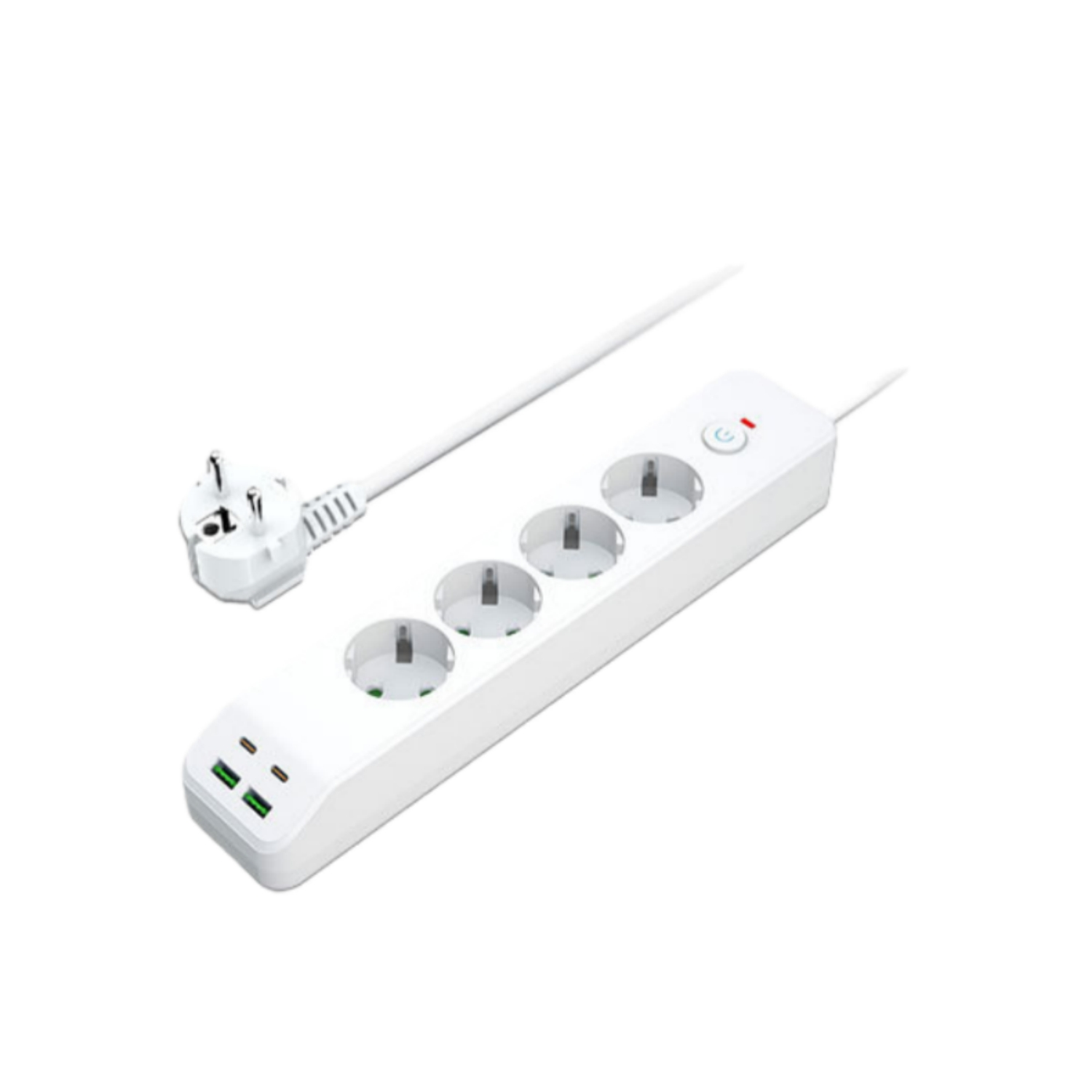 Ein weißer Mehrfachsteckdosenadapter mit vier Steckdosen und zwei USB-Anschlüssen.