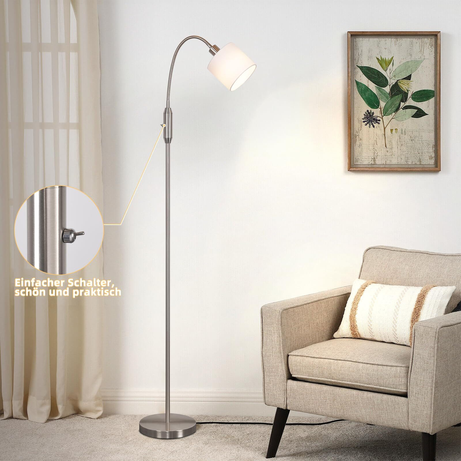 Base di lampada da terra elegante, lampada con paralume bianco e poltrona con cuscino.