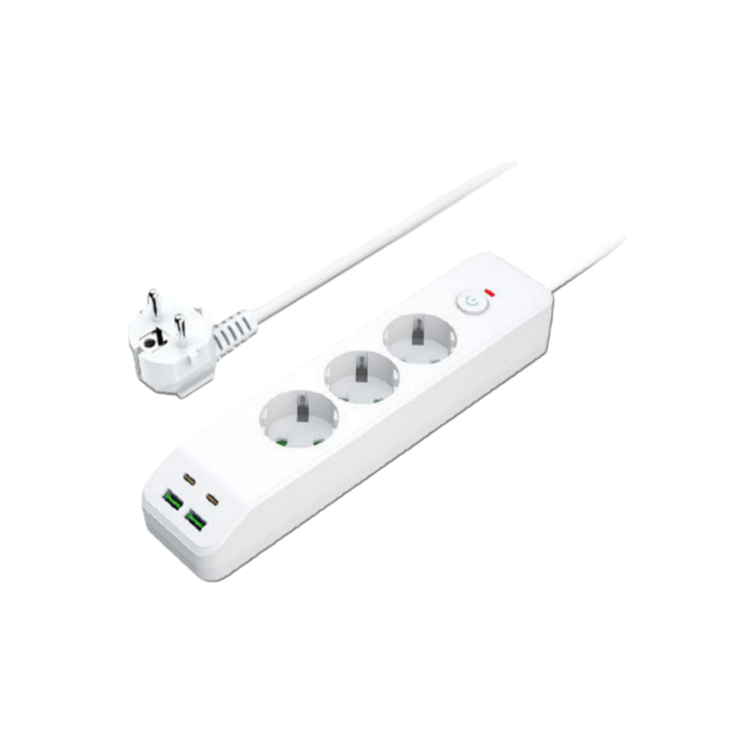 Weiße Steckdosenleiste mit drei Steckplätzen, zwei USB-C-Ports und einem Stecker.