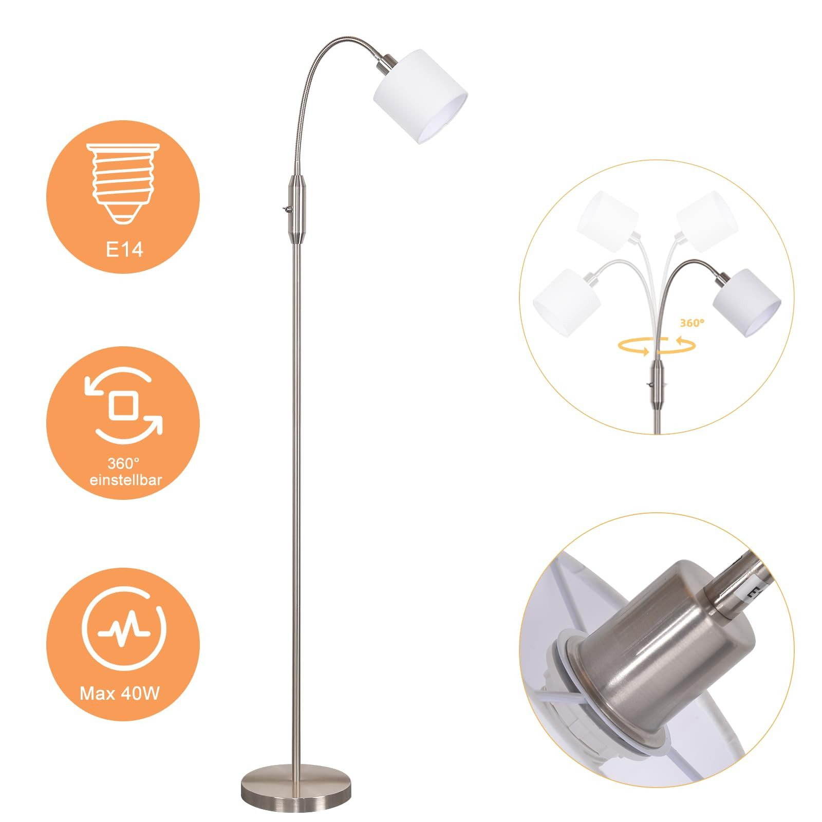 Lampada da terra moderna in argento con collo regolabile e paralume bianco.