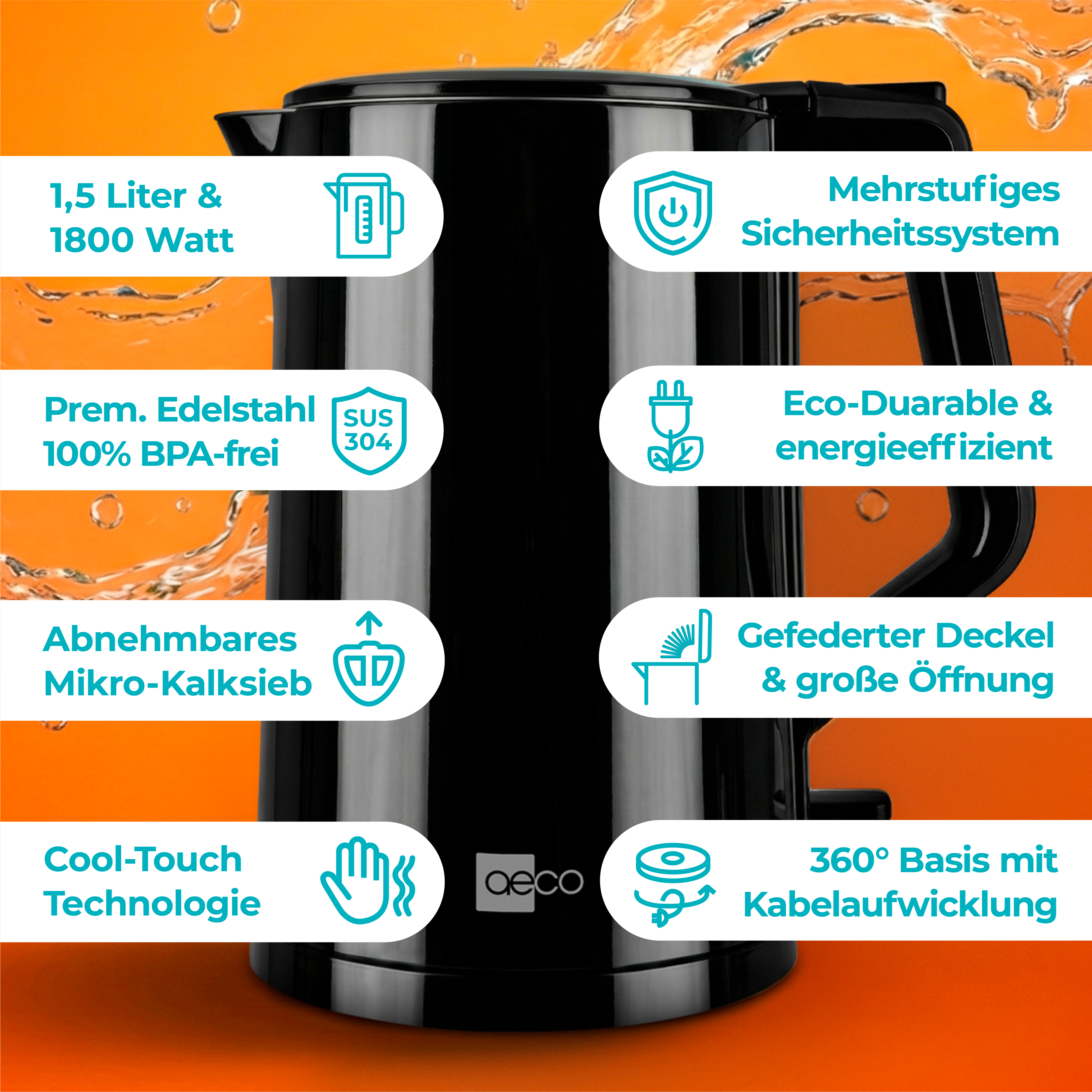 Schwarzer Wasserkocher mit Merkmalen: 1,5L, 1800W, Edelstahl, BPA-frei, Sicherheitssystem.