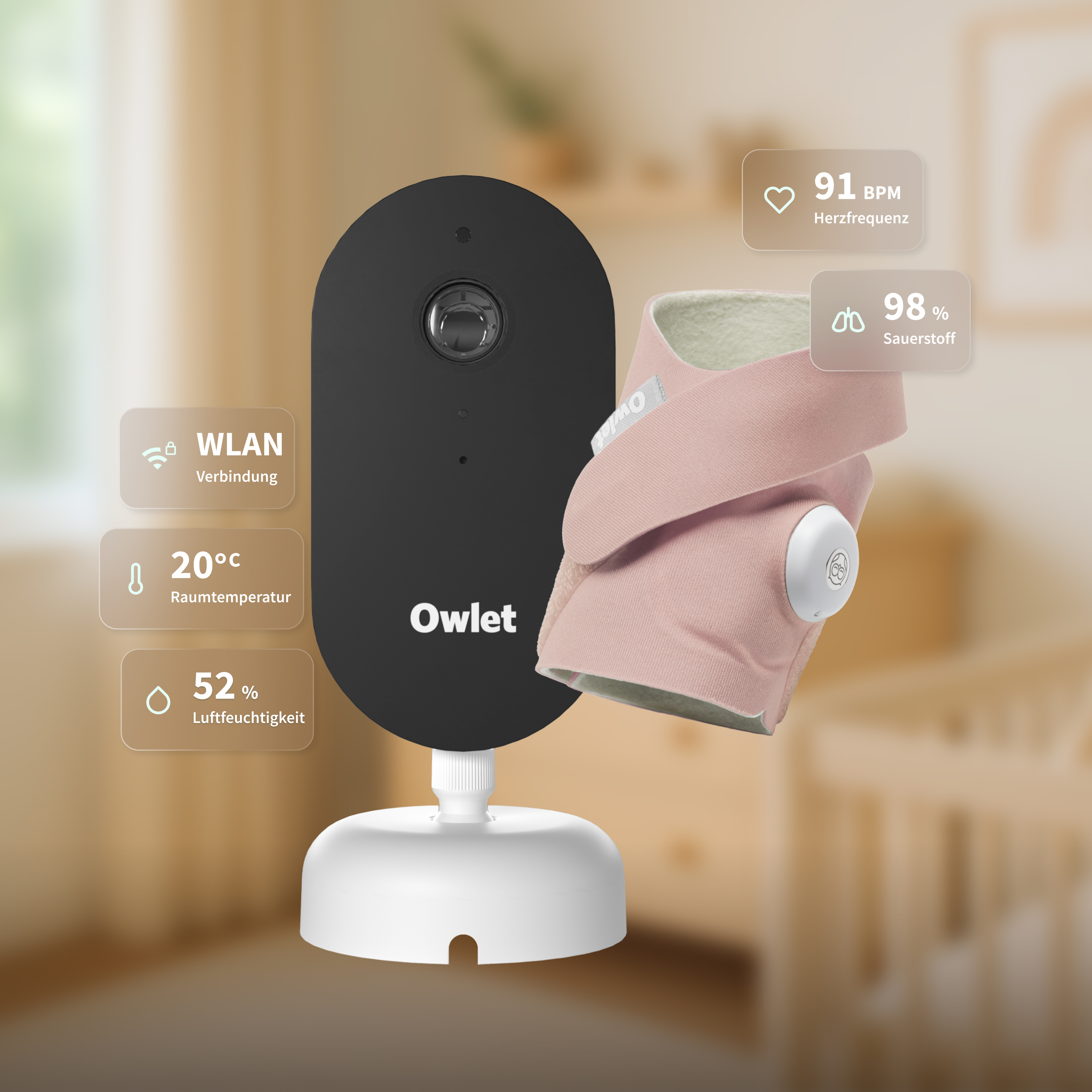 Owlet Baby Monitor zeigt 91 BPM, 98% Sauerstoff, 20°C, 52% Luftfeuchtigkeit & WLAN.