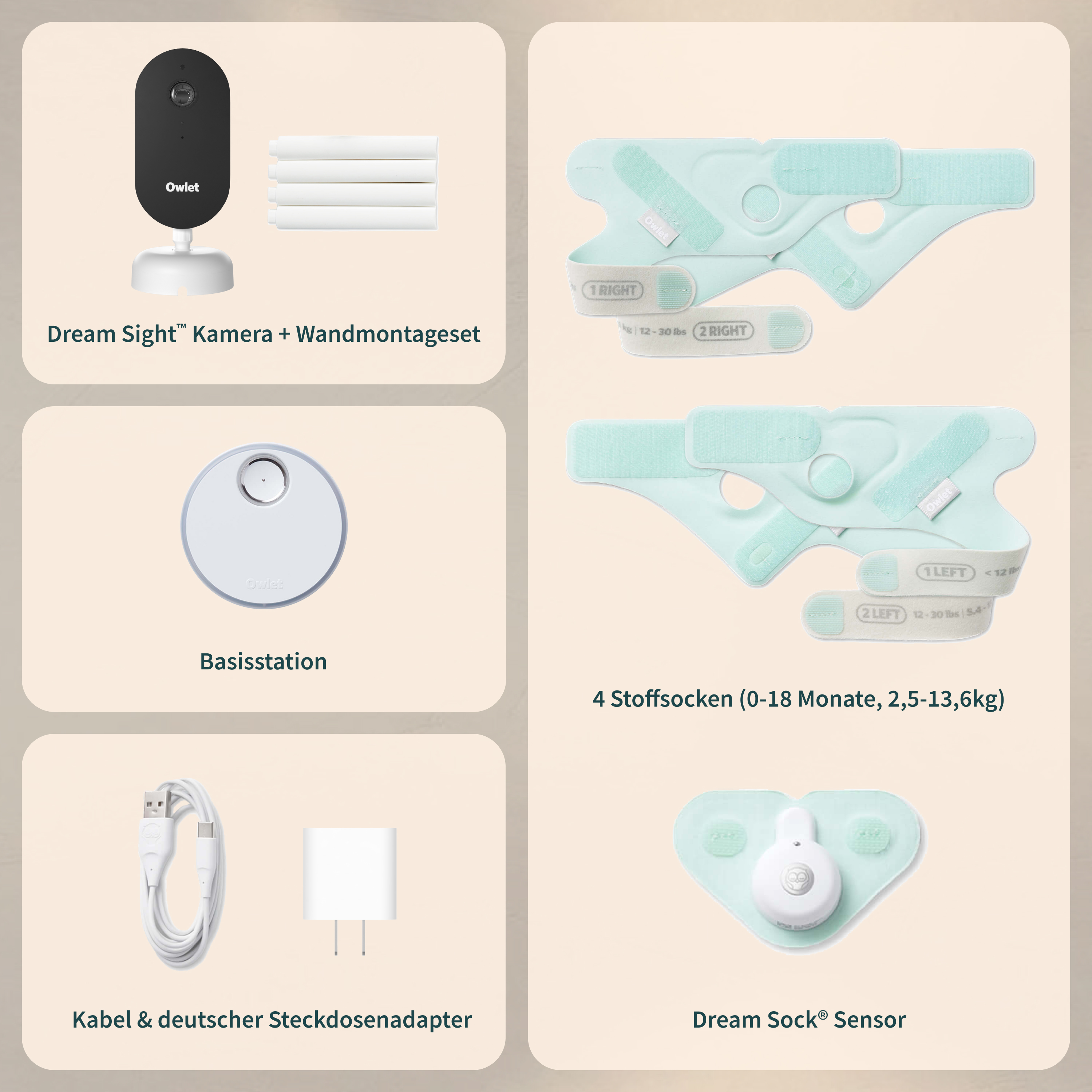 Owlet Baby Monitor Set: Kamera, Basisstation, Socken, Kabel und Adapter.