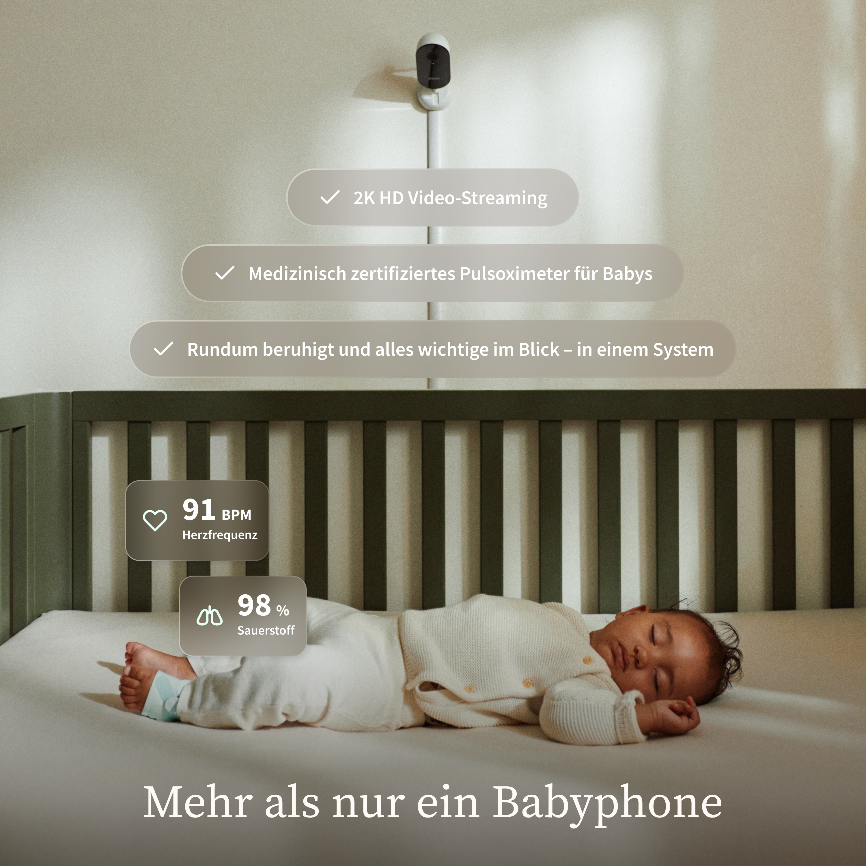 Baby schläft, Babyphone zeigt 91 BPM Herzfrequenz und 98% Sauerstoff.