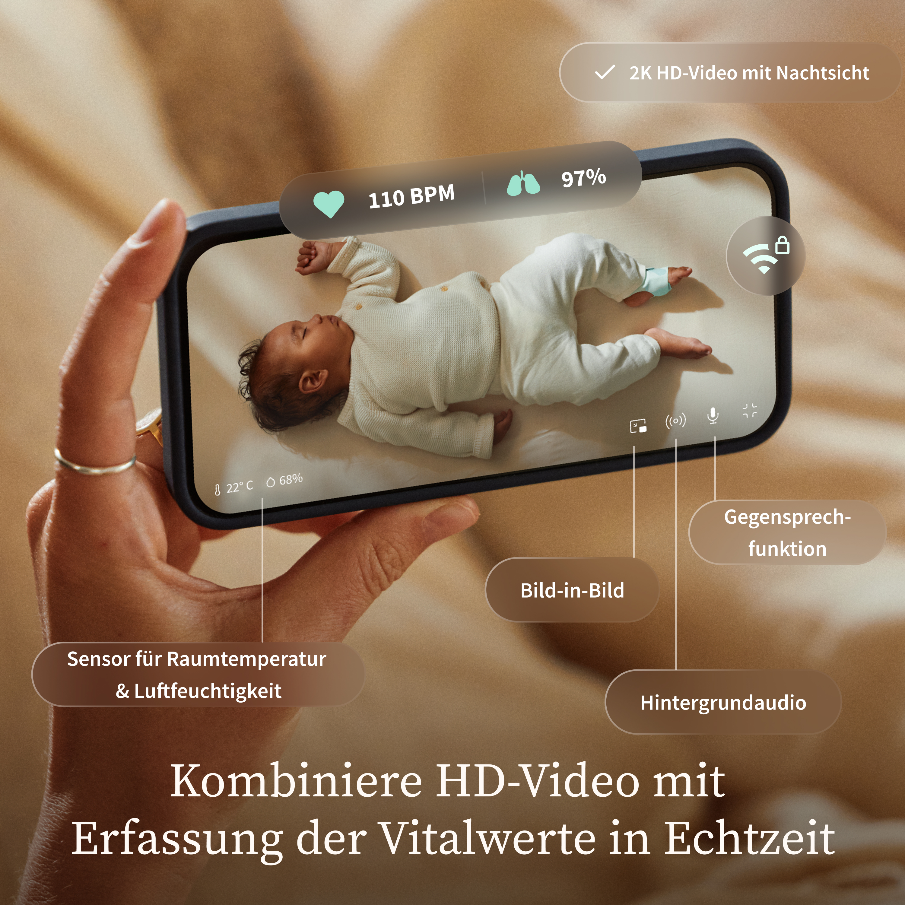 Ein Baby schläft, überwacht per App mit Vitalwerten und Raumklima.