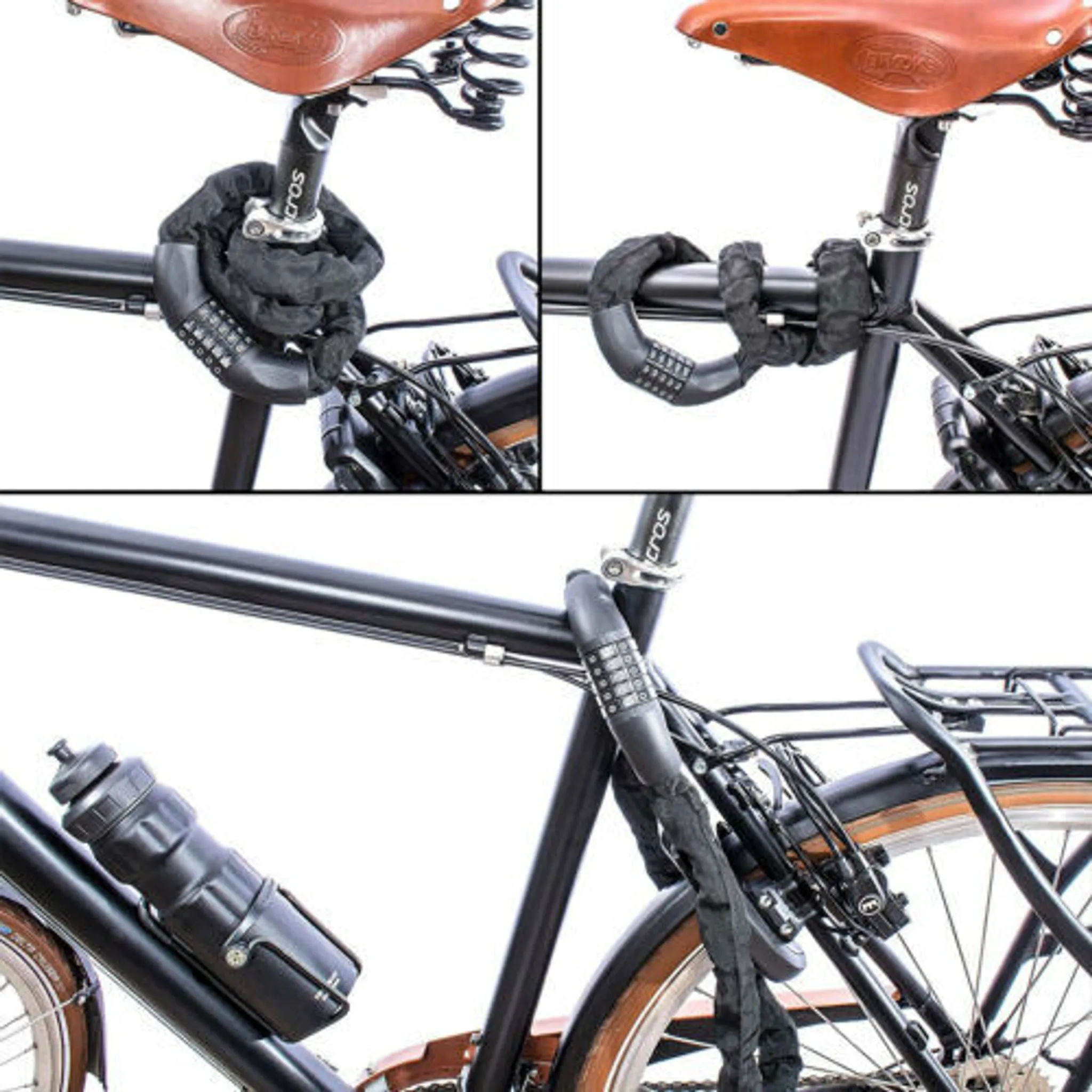 Collage von Fahrradteilen: Kettenschloss an Sattelstütze, Kettenschloss am Rahmen, Wasserflasche.